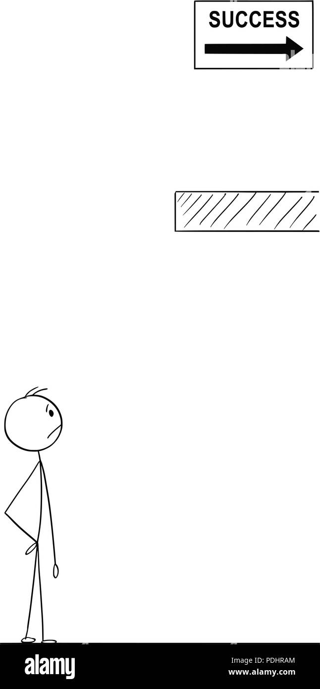 Cartoon von Mann oder Geschäftsmann und ein Hindernis auf dem Weg zum Erfolg Stock Vektor