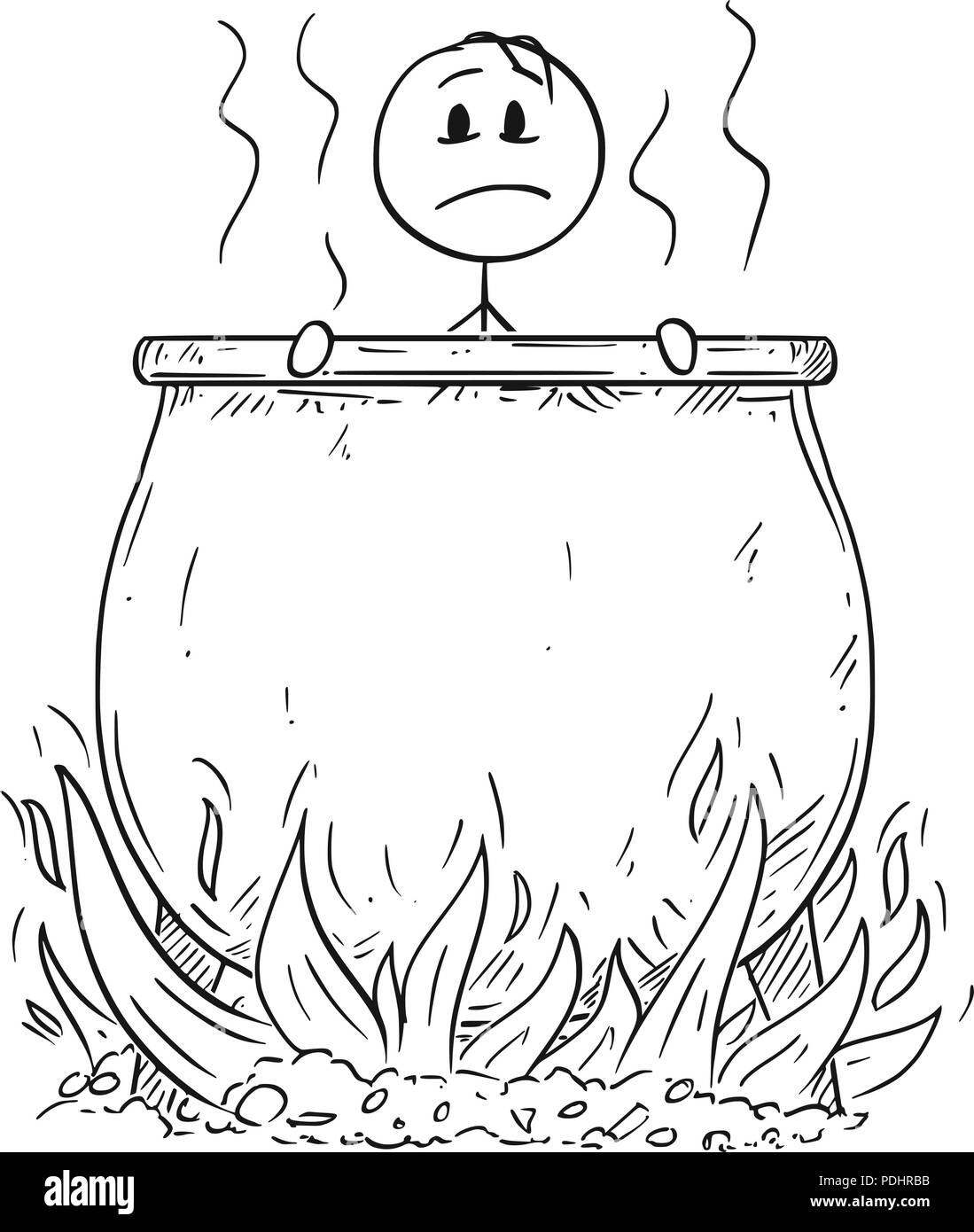Cartoon von Mann oder Geschäftsmann, der kocht im Kessel in der Hölle für seine Sünden Stock Vektor