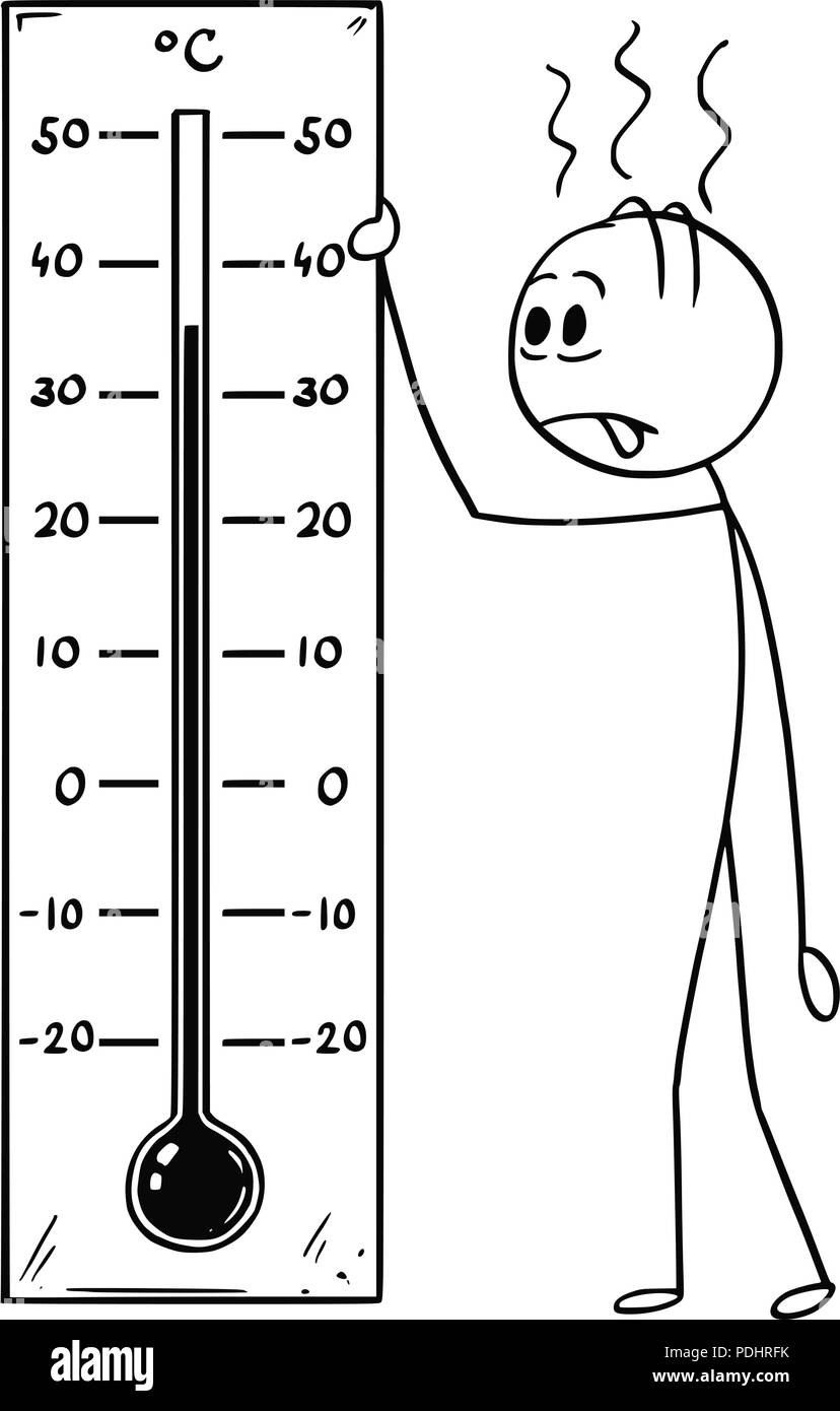 Cartoon von Mann mit Celsius Thermometer mit heißem Wetter oder Wärme Stock Vektor