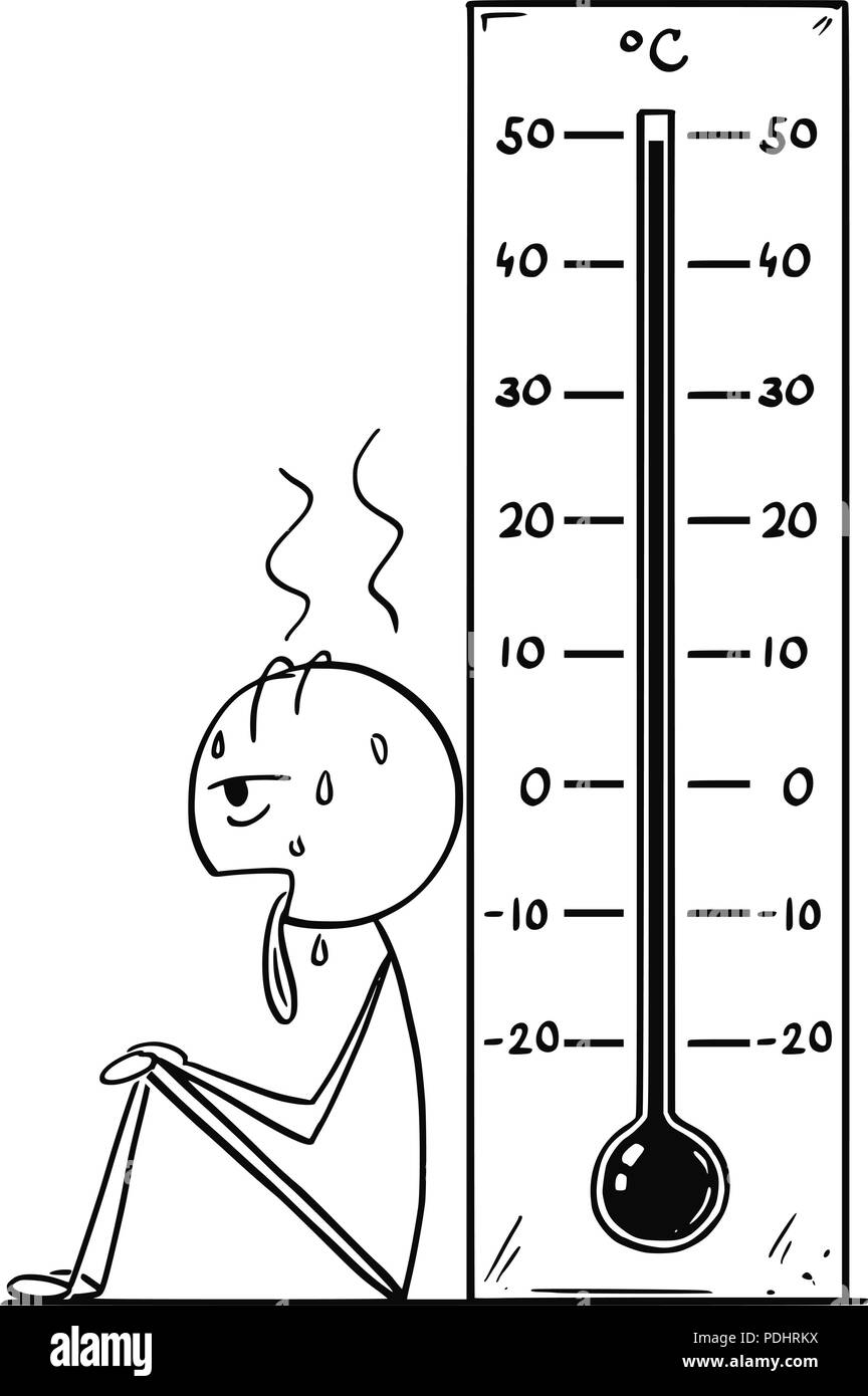 Cartoon von überhitzt oder erschöpften Mann und Celsius Thermometer zeigt Extreme Hitze oder Wärme Stock Vektor