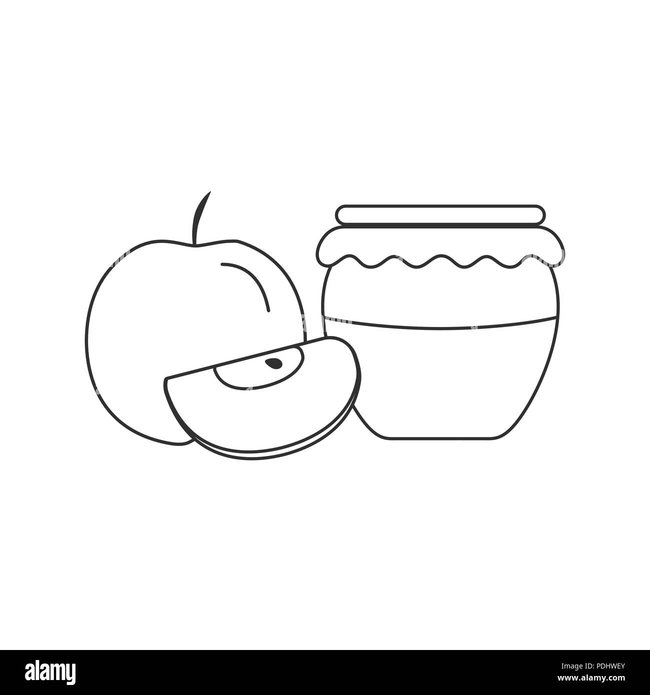 Ganze und slice Äpfel und Honig jar Symbol in flache schwarze Kontur Design. Rosch Haschana Urlaub süß und glücklich Konzept. Stock Vektor