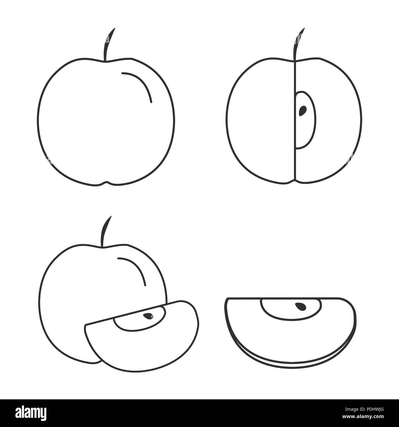 Apple Symbole in flache schwarze Kontur Design. Ganze, halbe und Äpfel in Scheiben schneiden. Stock Vektor