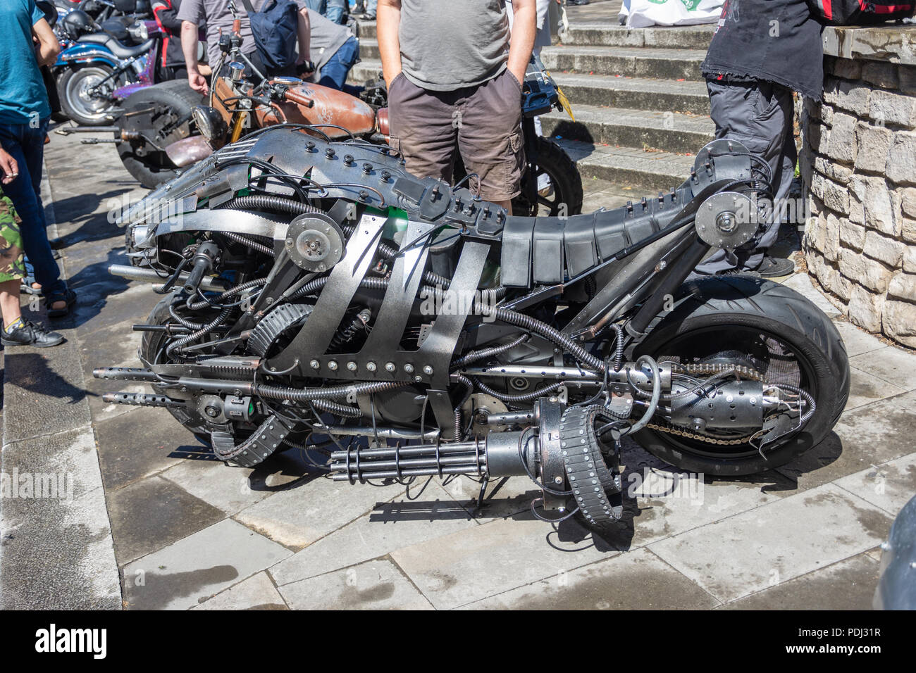 Die Moto-T-a Arbeiten prop Modell auf moto Terminatoren aus dem Film Terminator: Die Erlösung basiert. Gebaut und von podpadstudios angezeigt Stockfoto