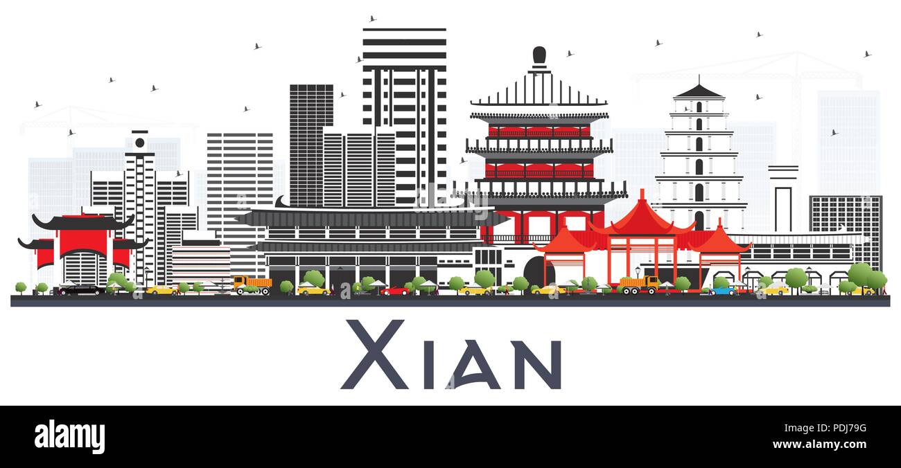 Xian China Skyline mit Farbe Gebäude isoliert auf Weiss. Vector Illustration. Stock Vektor