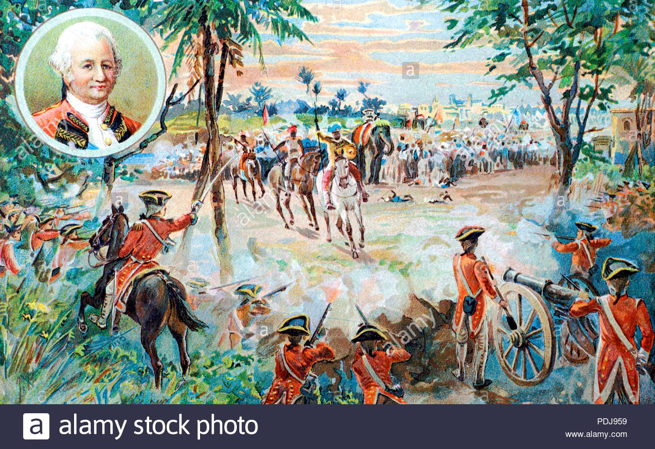Schlacht von plassey zwischen der British East India Company und der Französischen gesichert Nawab von Bengalen, 23. Juni 1757, Generalmajor Robert Clive inset. Stockfoto