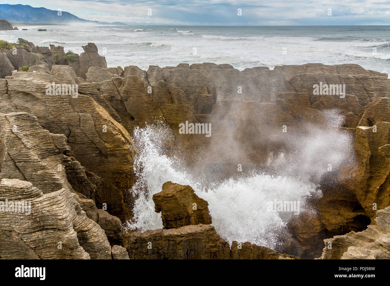 Blasloch an Pancake Rocks in Punakaiki am Rande der Paparoa Nationalpark auf der Südinsel von Neuseeland Stockfoto