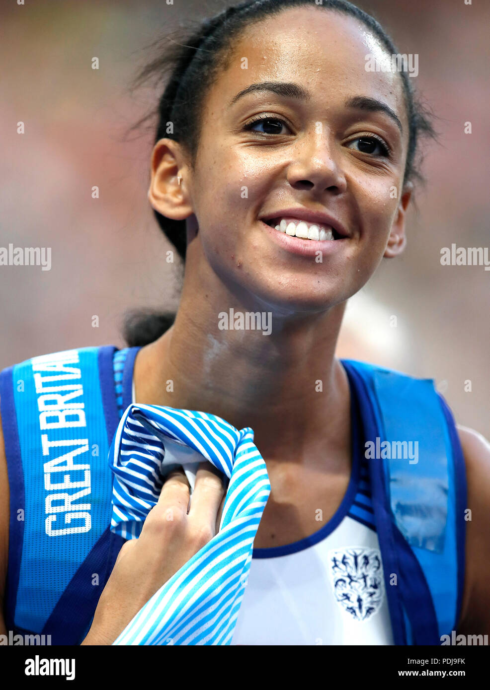 Die britische Katarina Johnson-Thompson tritt im dritten Tag der Leichtathletik-Europameisterschaften 2018 im Olympiastadion in Berlin in der Gruppe B Heptathlon Women's Shot an. DRÜCKEN SIE VERBANDSFOTO. Bilddatum: Donnerstag, 9. August 2018. Siehe PA Story Athletics European. Bildnachweis sollte lauten: Martin Rickett/PA Wire. EINSCHRÄNKUNGEN: Nur für redaktionelle Zwecke, keine kommerzielle Nutzung ohne vorherige Genehmigung Stockfoto