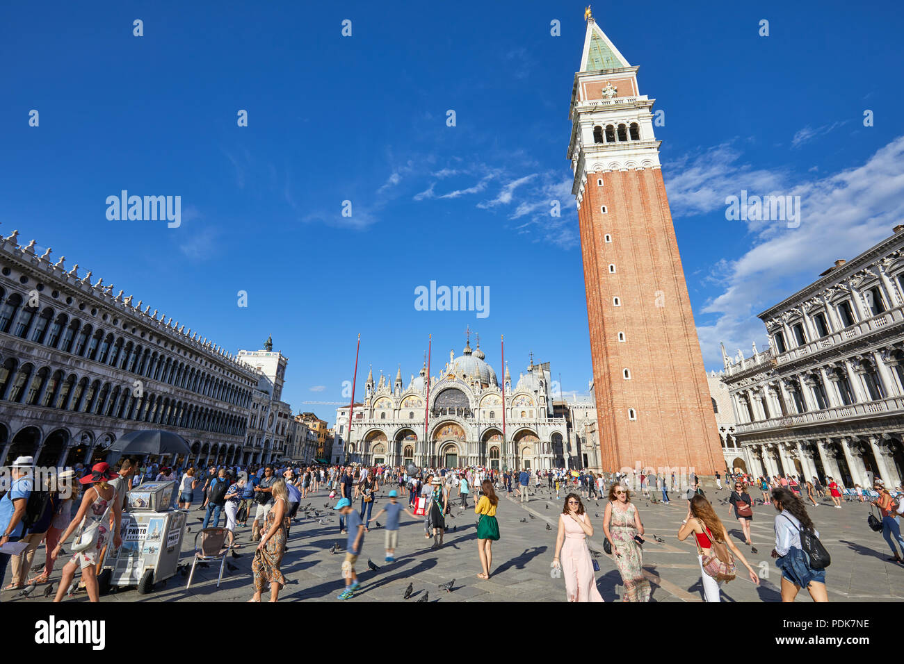 Saint Mark Square, Basilika, den Glockenturm und das Quadrat mit Masse der Leute und Touristen, blauer Himmel an einem sonnigen Sommertag Stockfoto