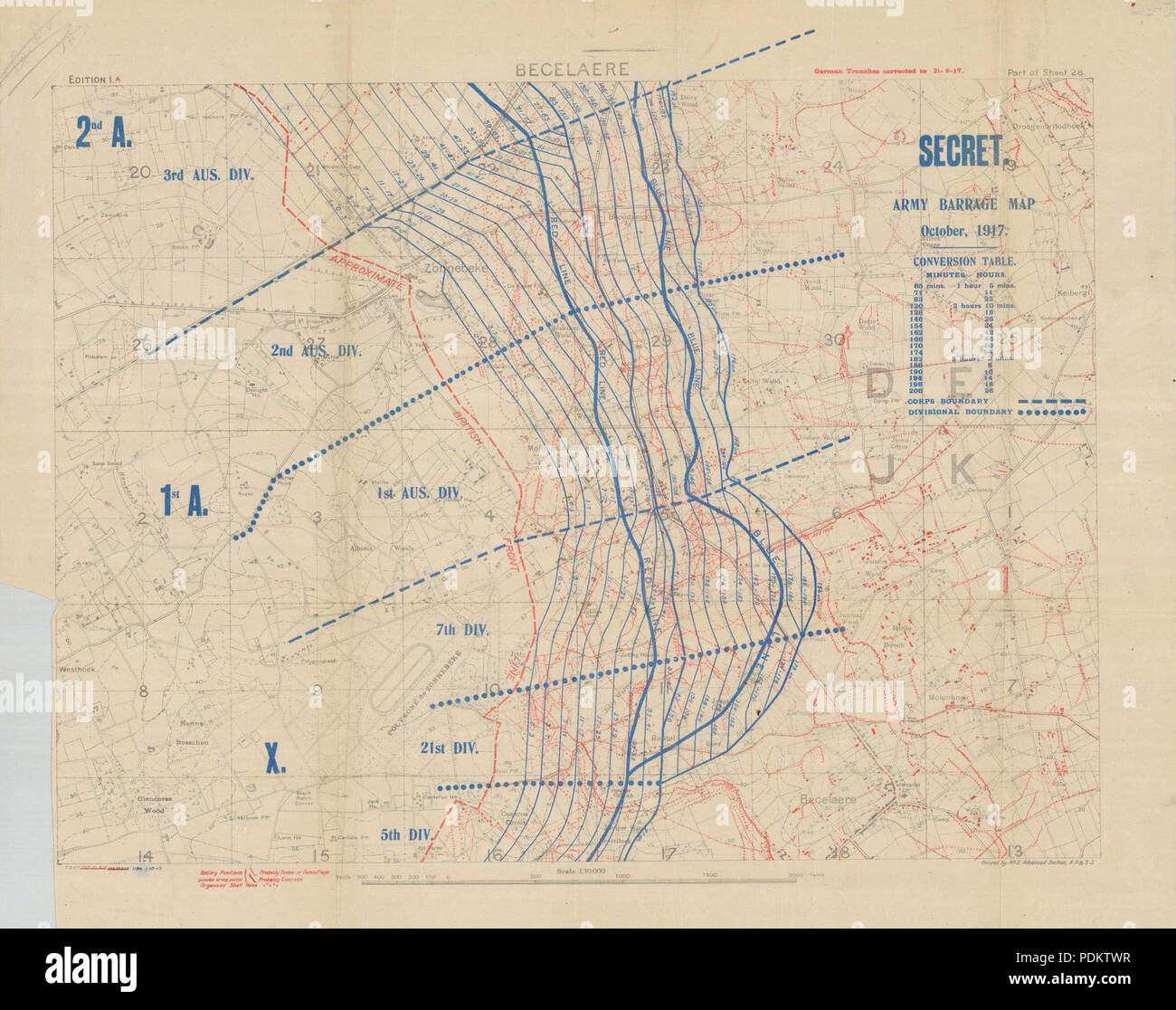 22 Schlacht bei Broodseinde - barrage Karte (Mittelteil) Stockfoto