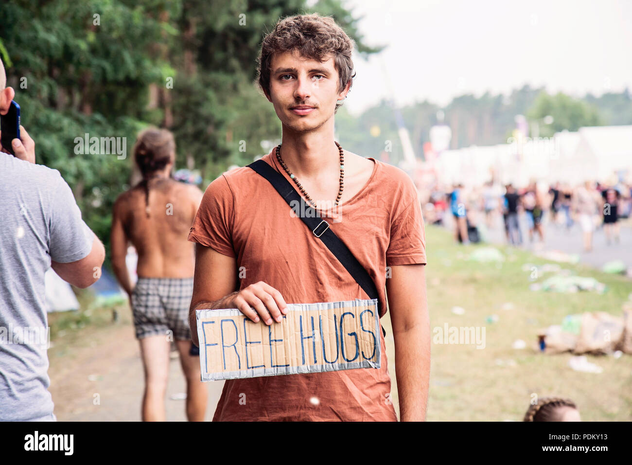 Kostrzyn nad Odra, Polen, 4. August 2018, Woodstock Festival Polen Rock Free Hug Aktivist Stockfoto