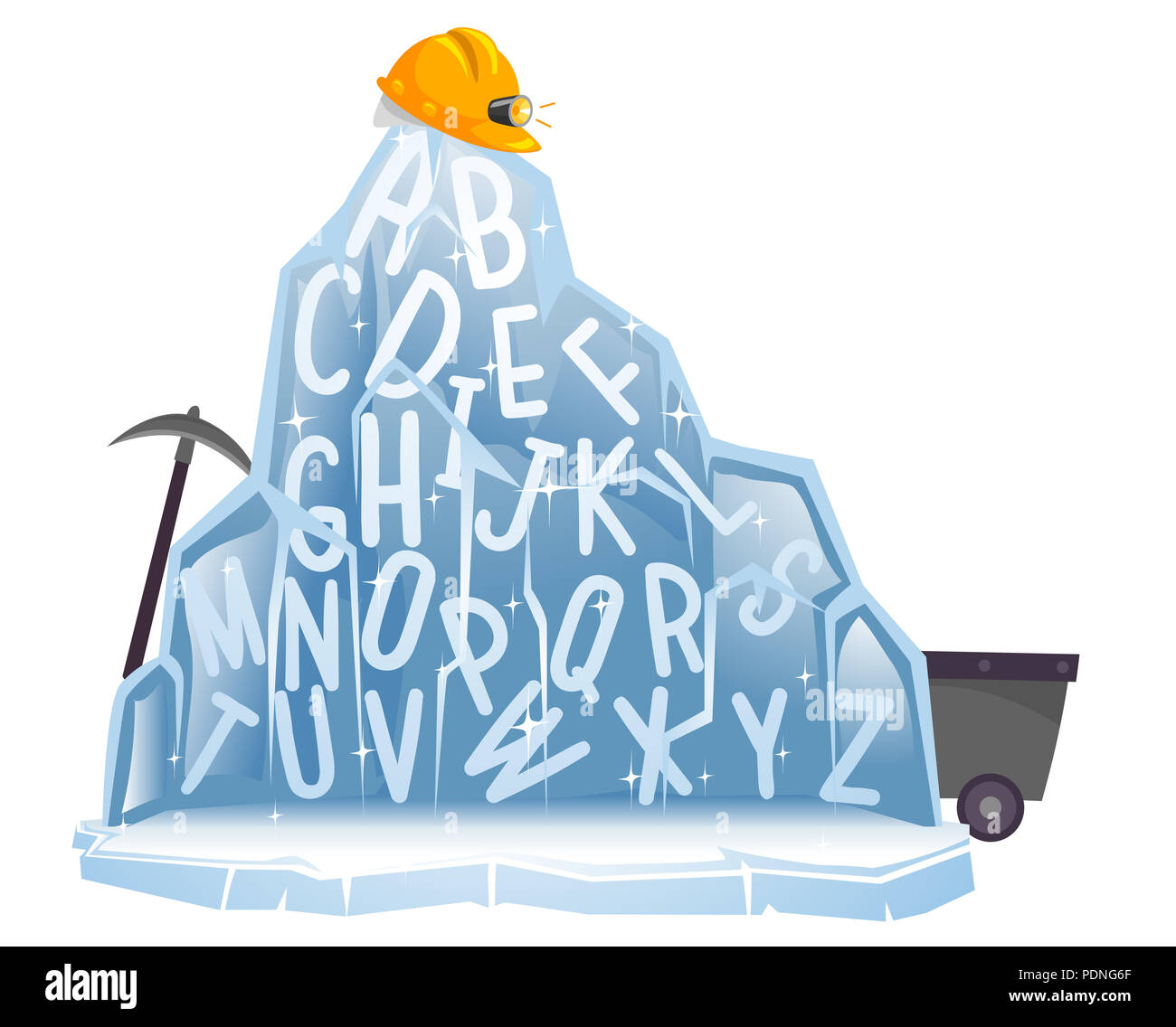 Abbildung des Alphabets in einem gefrorenen Berg mit Bergbau Elemente Stockfoto