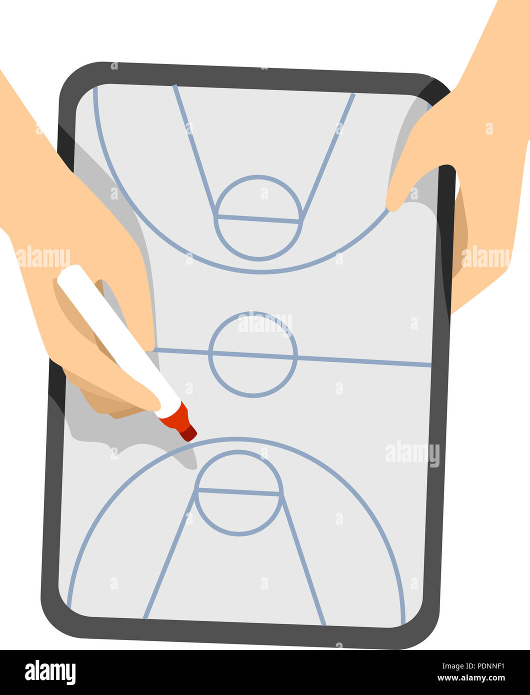 Abbildung: Ein Trainer Hände halten ein Basketball Spiel Plan Board und ein Stift Stockfoto