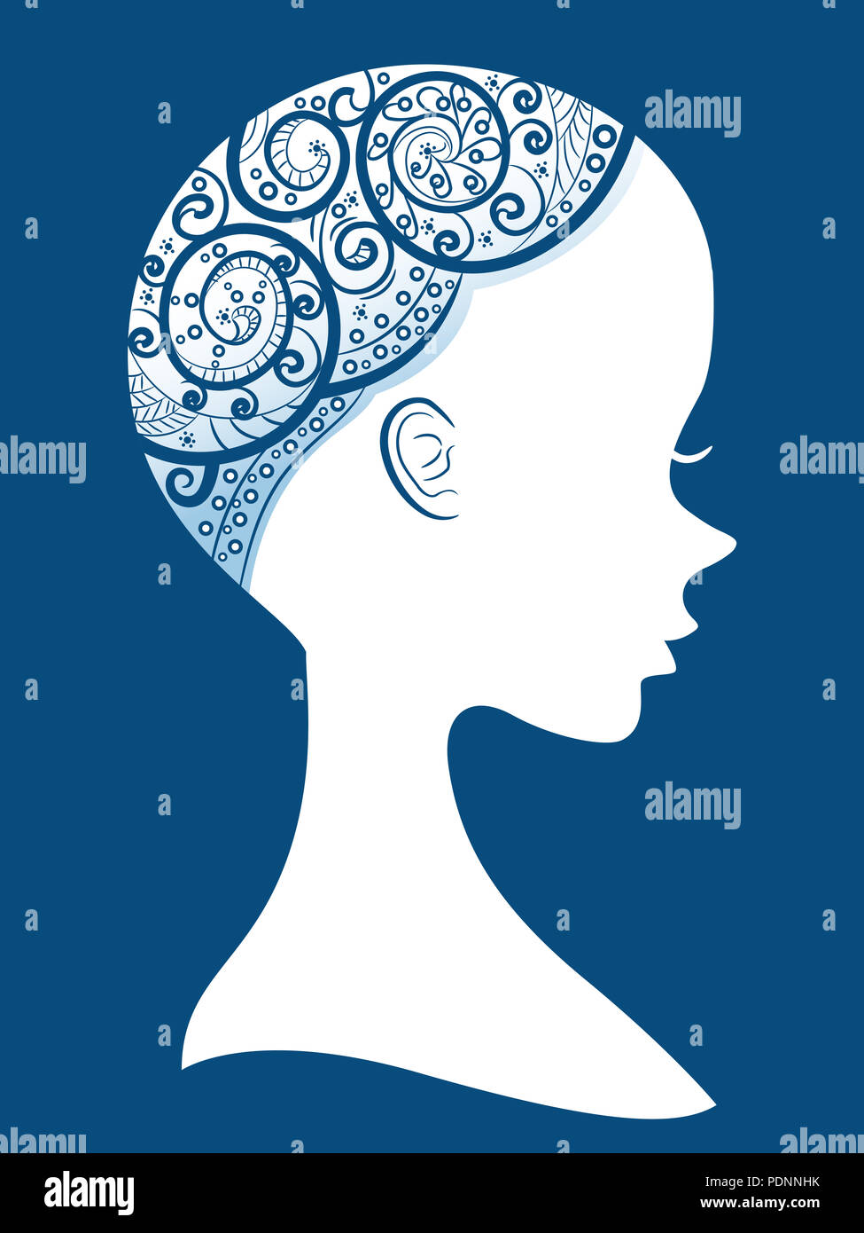 Abbildung: Eine kahle Girl Silhouette tragen Ventildeckel in Weiß und Blau Stockfoto