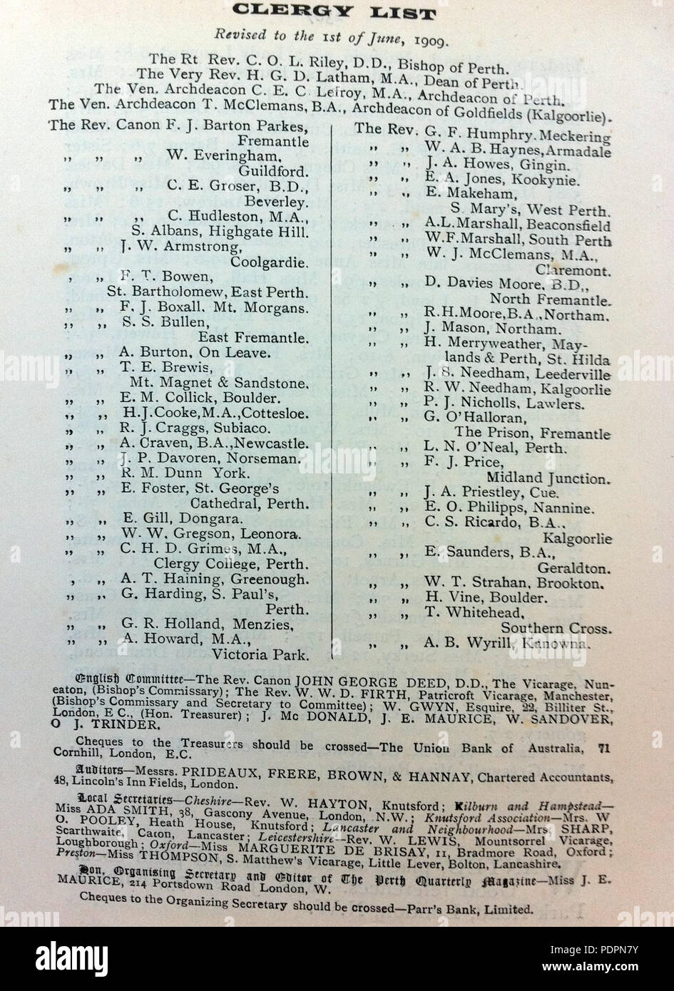 13 Anglikanische Kirche WA 1909 Klerus Liste Stockfoto