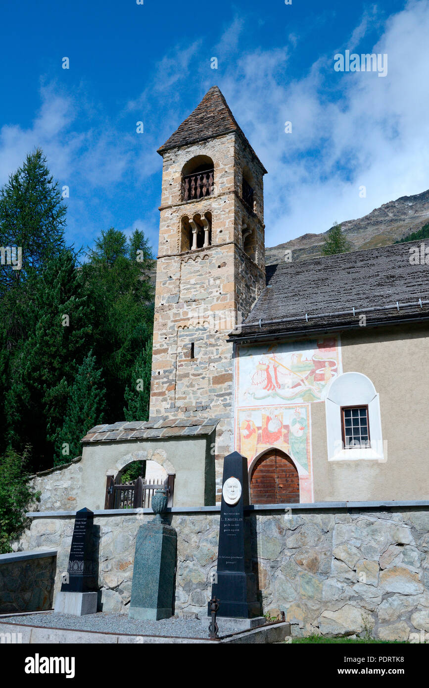 Pontresina, Kirche Santa Maria in Pontresina, Engadin, Oberengadin, Kanton Graubünden, Schweiz Stockfoto