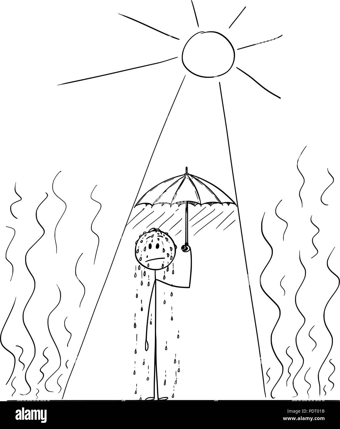 Cartoon von Schwitzen Mann in heißen Sommerhitze versteckt unter dem Dach Stock Vektor