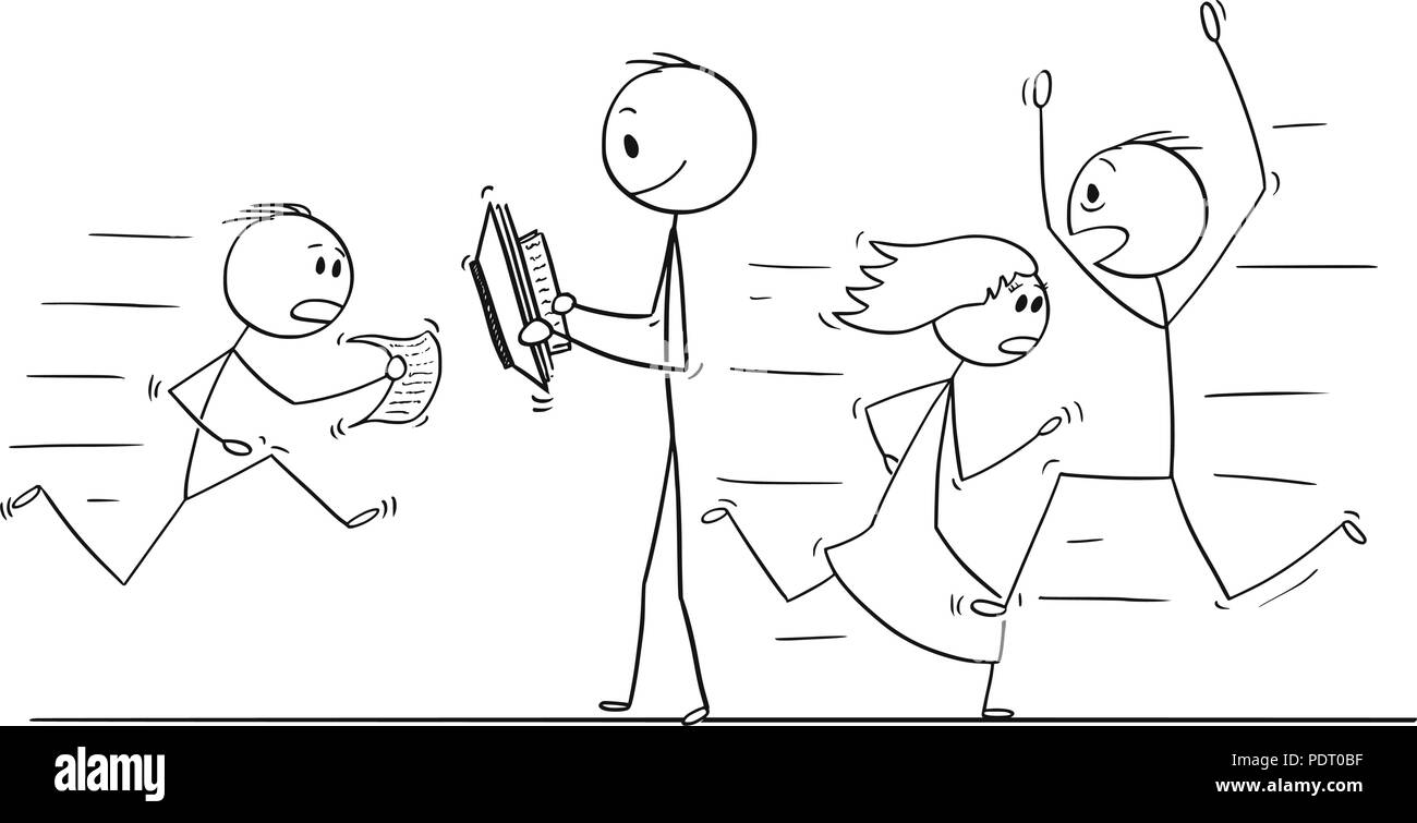 Cartoon von zuversichtlich Mann langsam und Lesen mit den Menschen um, stürzte im Stress Stock Vektor