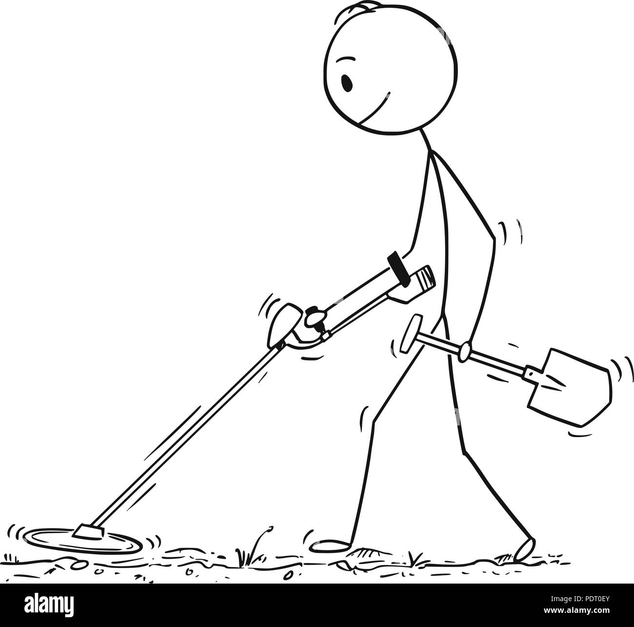 Cartoon des Menschen Suche nach Schatzsuche mit Metalldetektor Stock Vektor