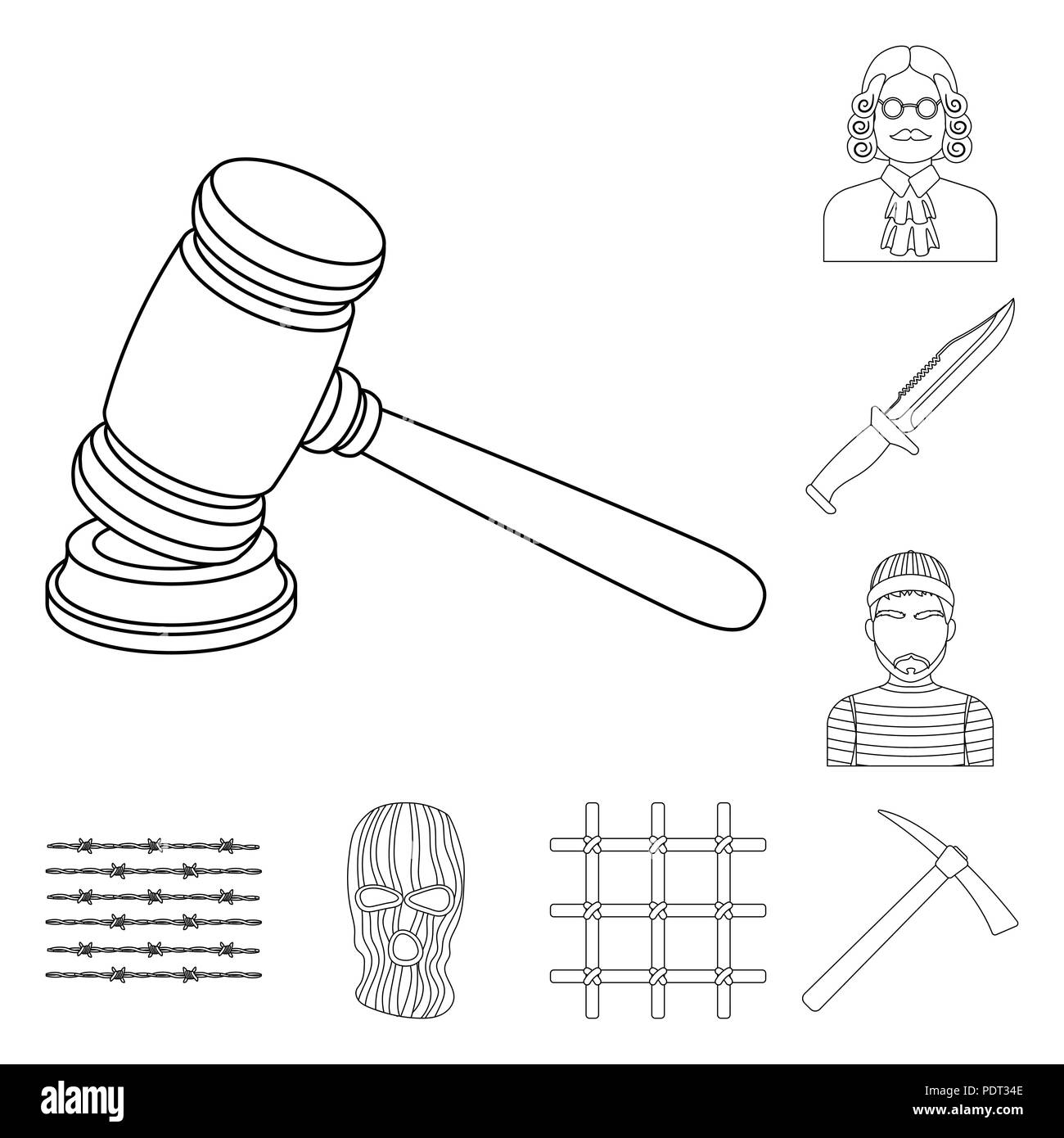 Gefängnis und die criminaloutline Symbole im Set Sammlung für Design. Gefängnis und Attribute vektor Symbol lieferbar Abbildung. Stock Vektor