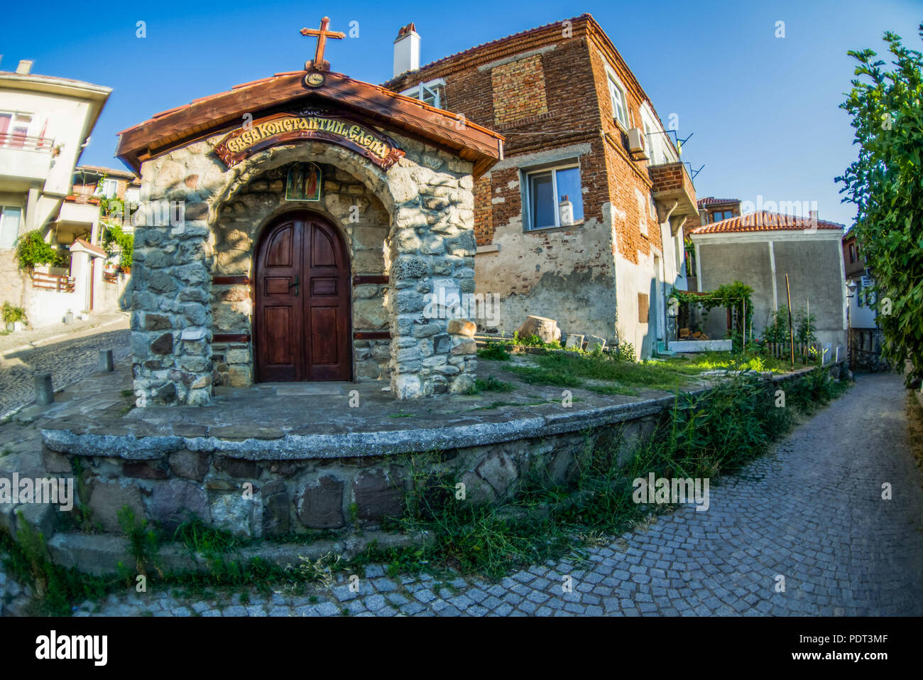 Sozopol, Bulgarien - 11. September 2016: Fisheye street view Altstadt von Sozopol Stockfoto