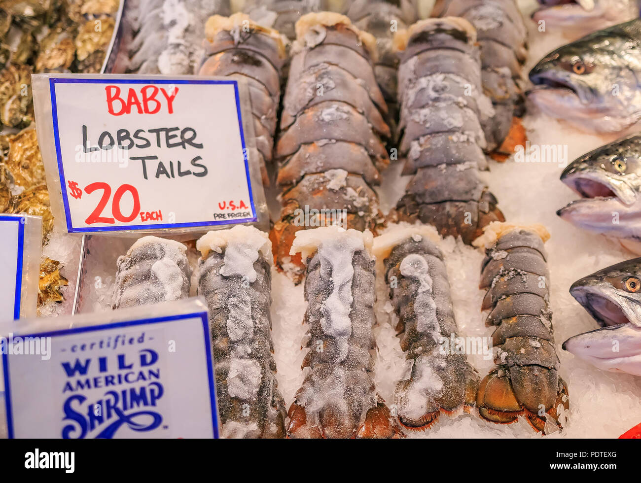Gefrorene Hummerschwänze für Verkauf an den Pike Place Market in Seattle, Washington Stockfoto