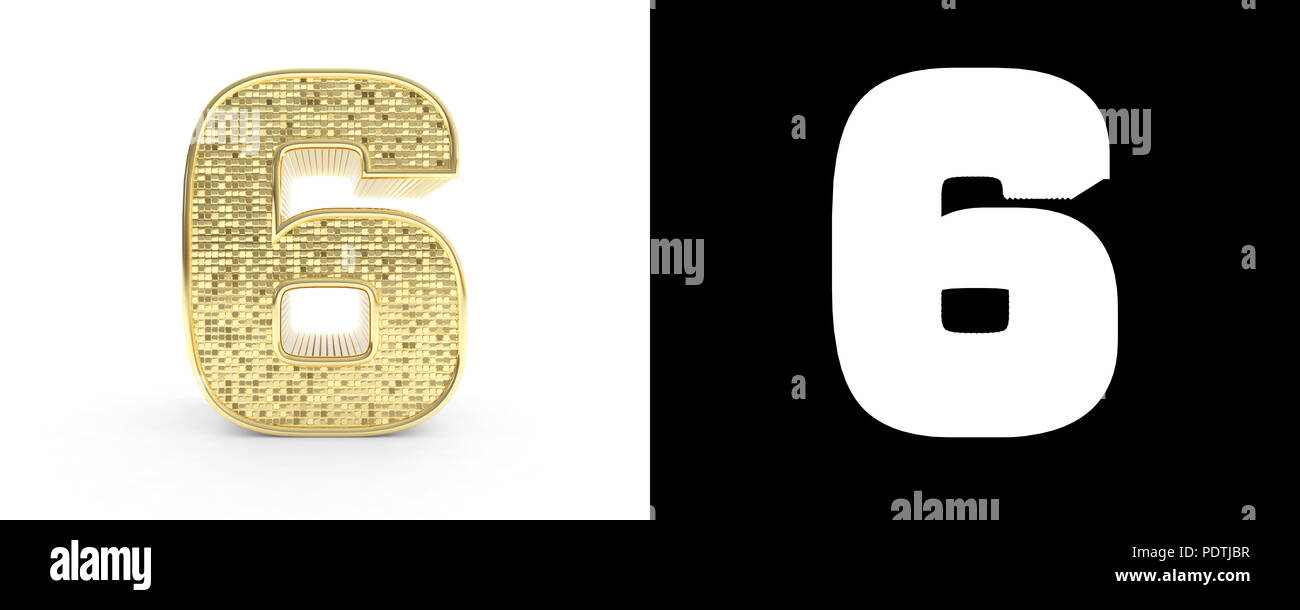 Goldene Zahl 6 (Nummer 6) auf weißem Hintergrund mit Schlagschatten und Alpha Kanal. 3D-Darstellung. Stockfoto