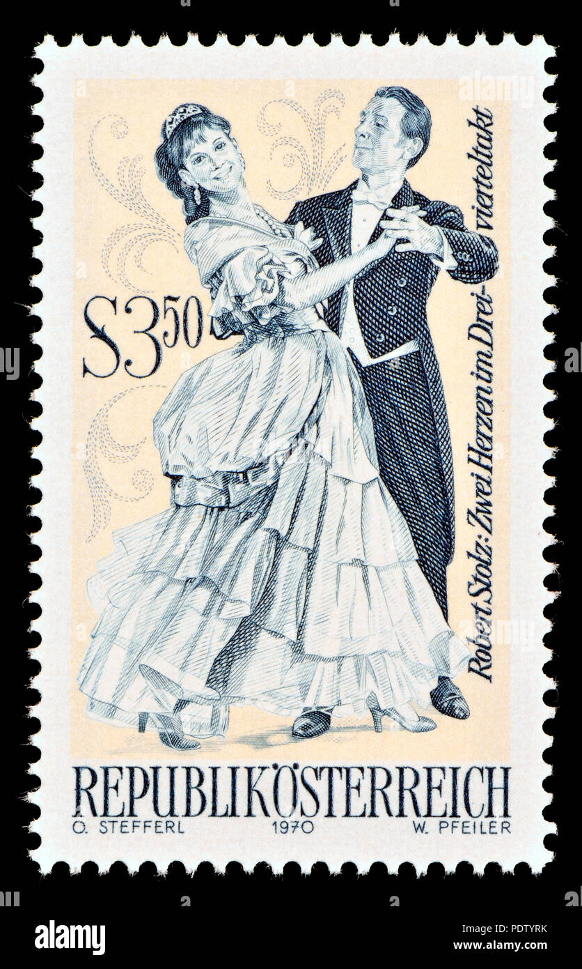 Österreichische Briefmarke (1970): Berühmte operetten-Serie: "Zwei Herzen im Dreivierteltakt" (zwei Herzen in Drei Vier Zeit/Walz Zeit) von Robert Stolz. Stockfoto