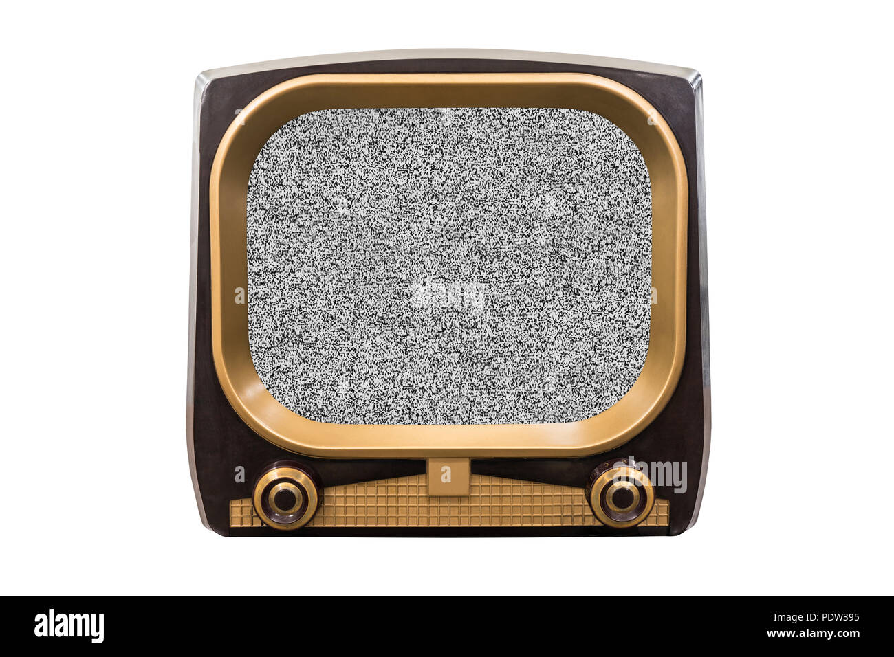 Retro 1950s-Fernsehen auf Weiß mit statischen Bildschirm isoliert. Stockfoto