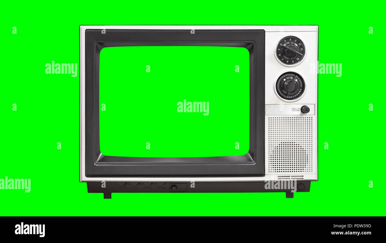 Vintage Fernseher mit Chroma Key Green Screen und Hintergrund. Stockfoto