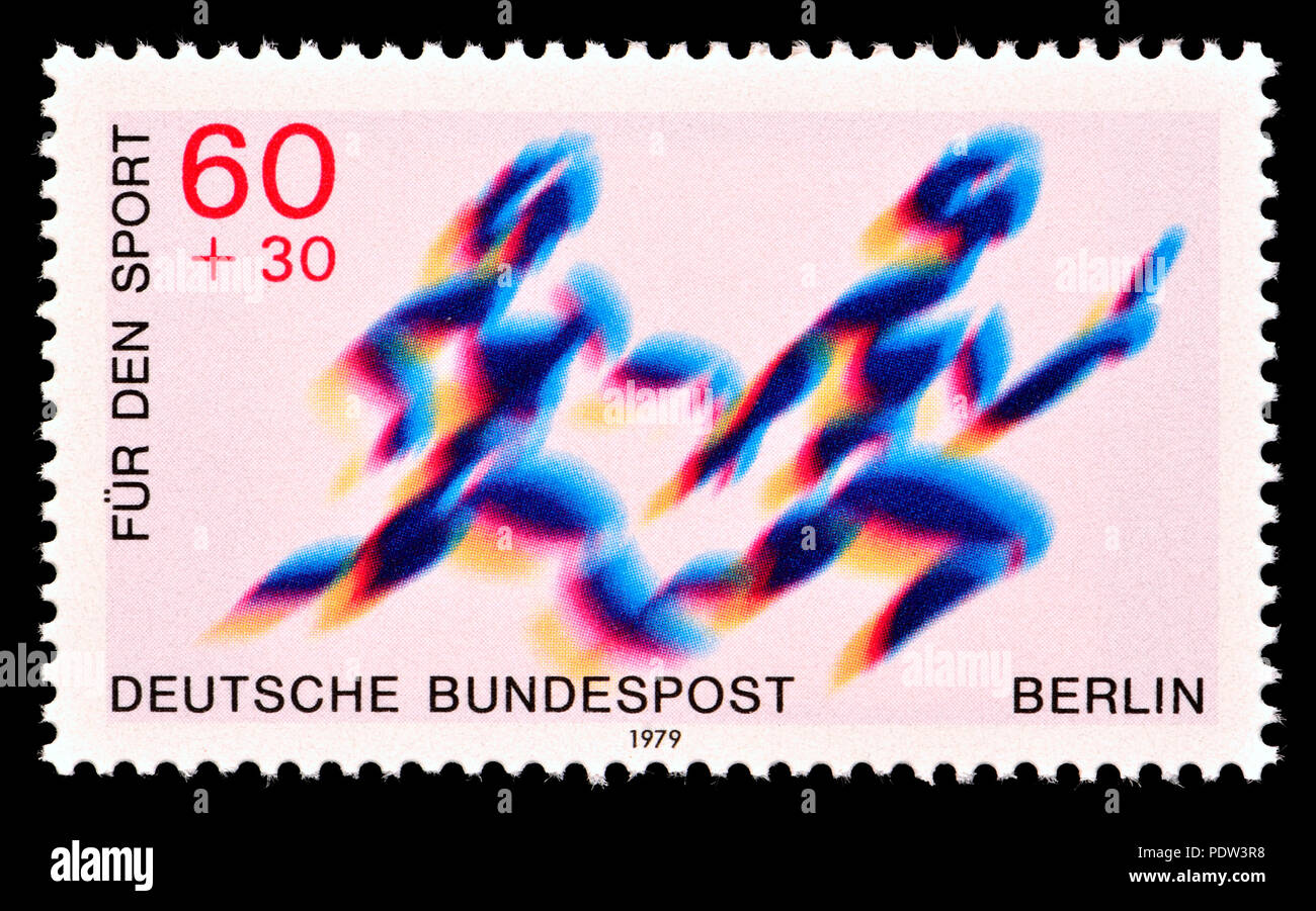 Deutschen Briefmarke (Berlin 1979): "fur den Sport" (Liebe Stempel Finanzierung Sport) Zielläufer Stockfoto