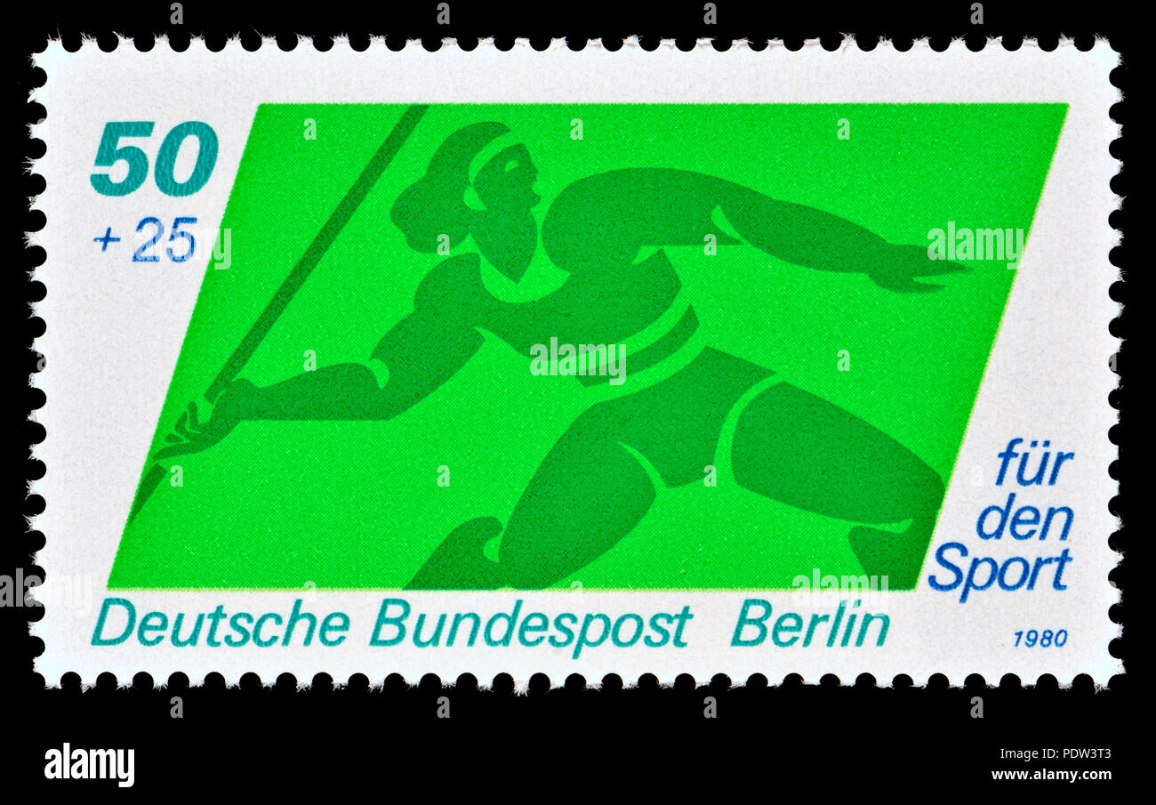 Deutschen Briefmarke (Berlin 1980): "fur den Sport" (Liebe Stempel Finanzierung Sport) Speerwerfen Stockfoto