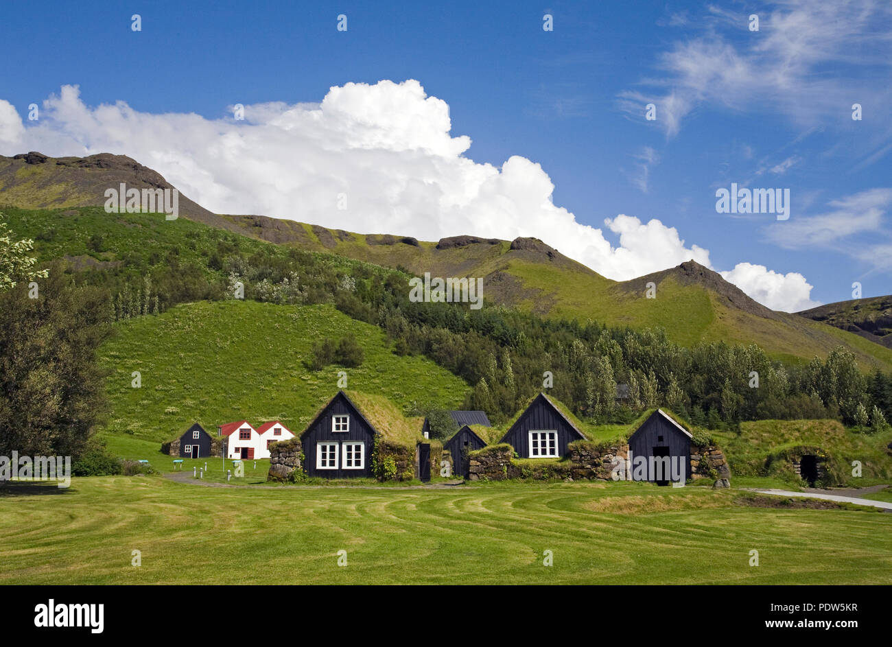 Eine Sammlung von traditionellen und authentischen Isländischen rasen Häuser und Ställe, aus den frühen 1800er Jahren, an der Skogar Folk Museum im Dorf Stockfoto