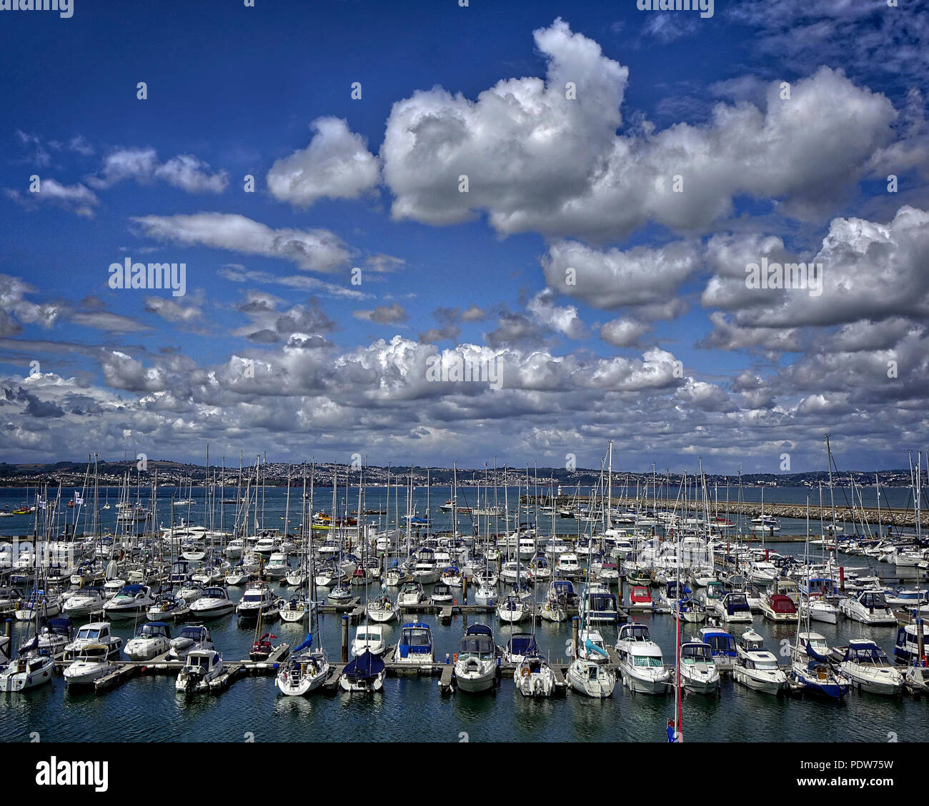 De - Devon: Brixham Marina mit Torbay im Hintergrund Stockfoto