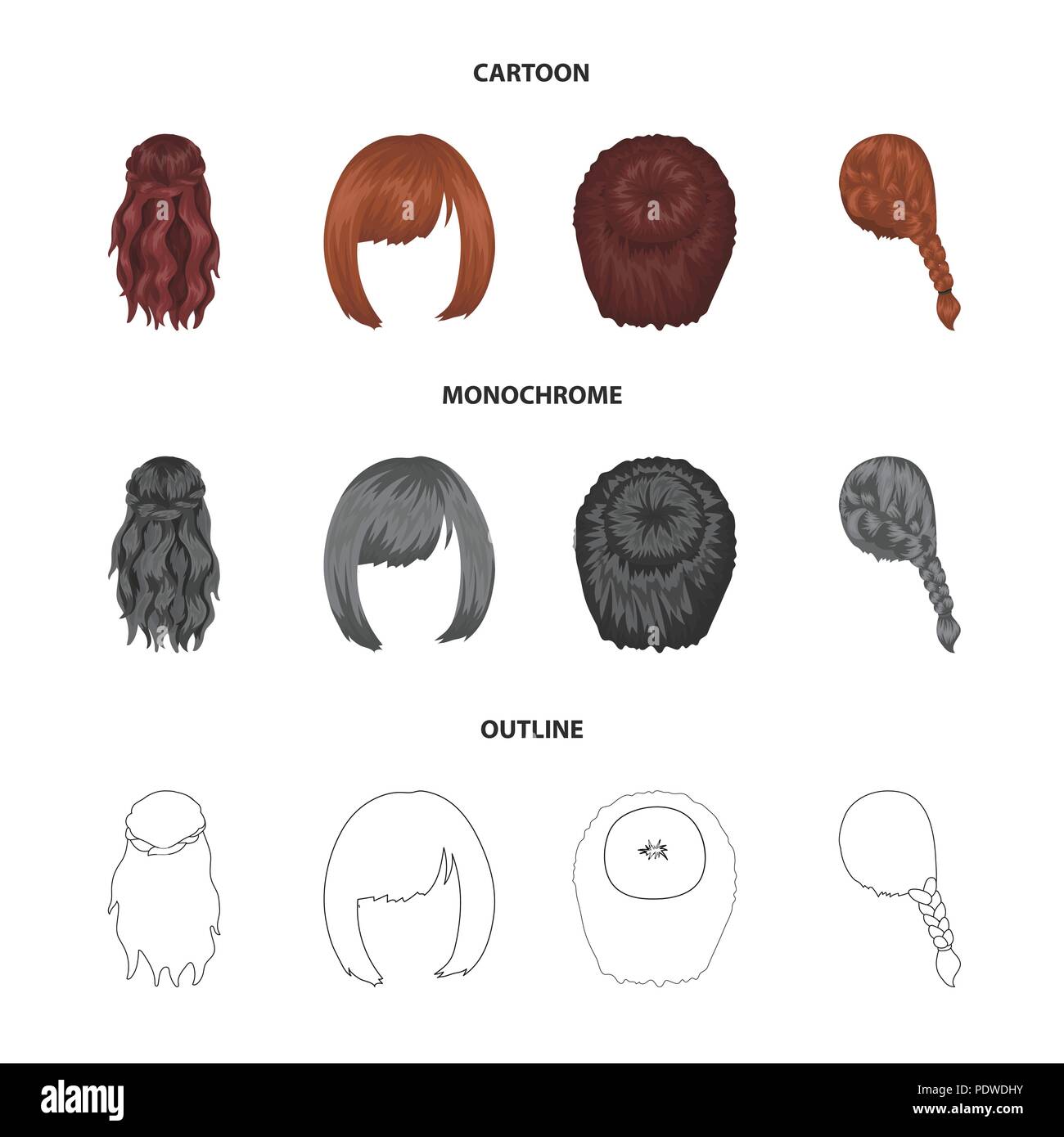 Kara rote Zopf und andere Arten von Frisuren Zurück Frisur set Sammlung Icons im