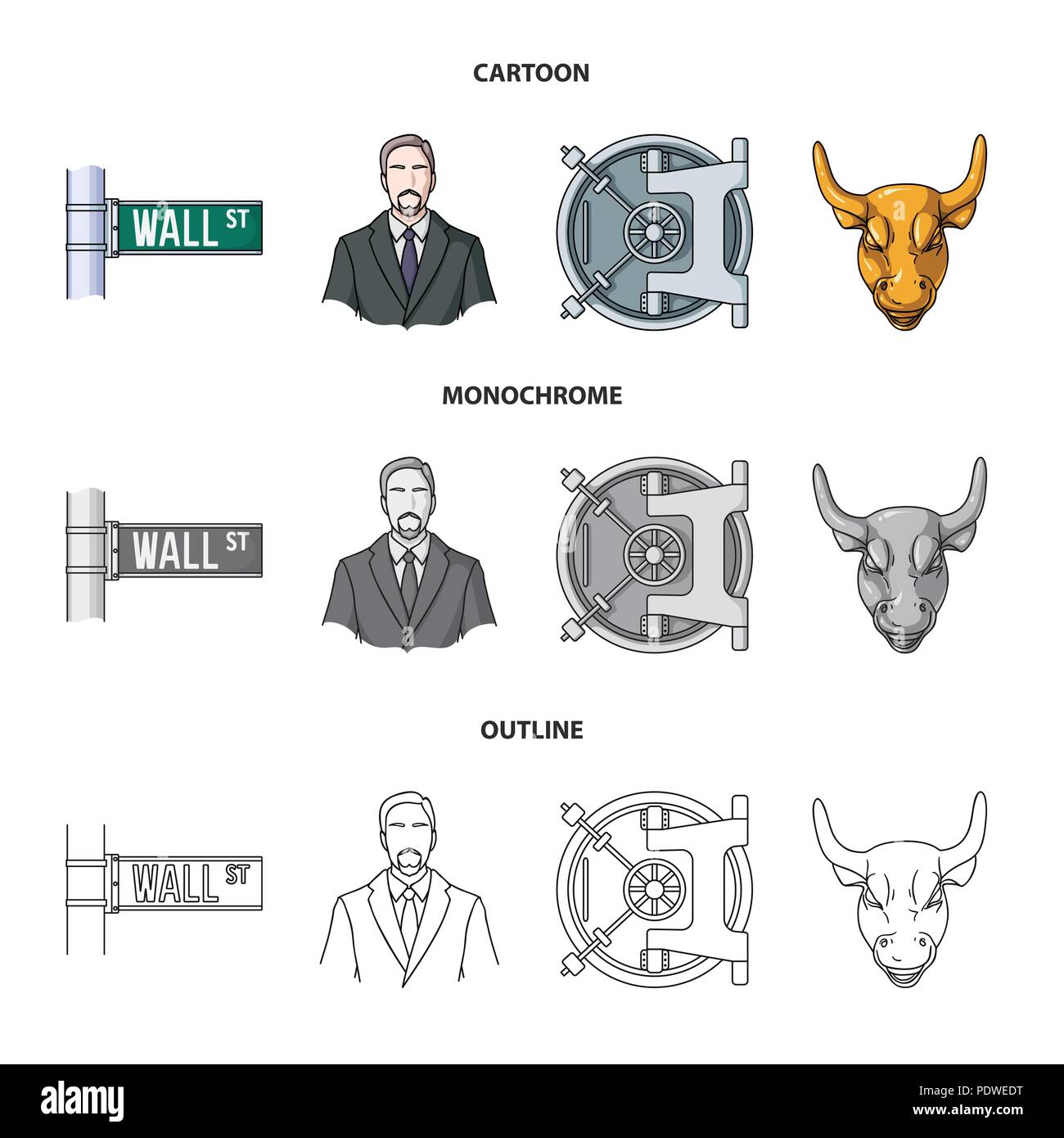 Die Wall Street Ein Geschaftsmann Ein Tresorraum Einem Gold Charging Bull Geld Und Finanzen Set Sammlung Icons Im Cartoon Outline Schwarzweiss Stil Vektor Symb Stock Vektorgrafik Alamy