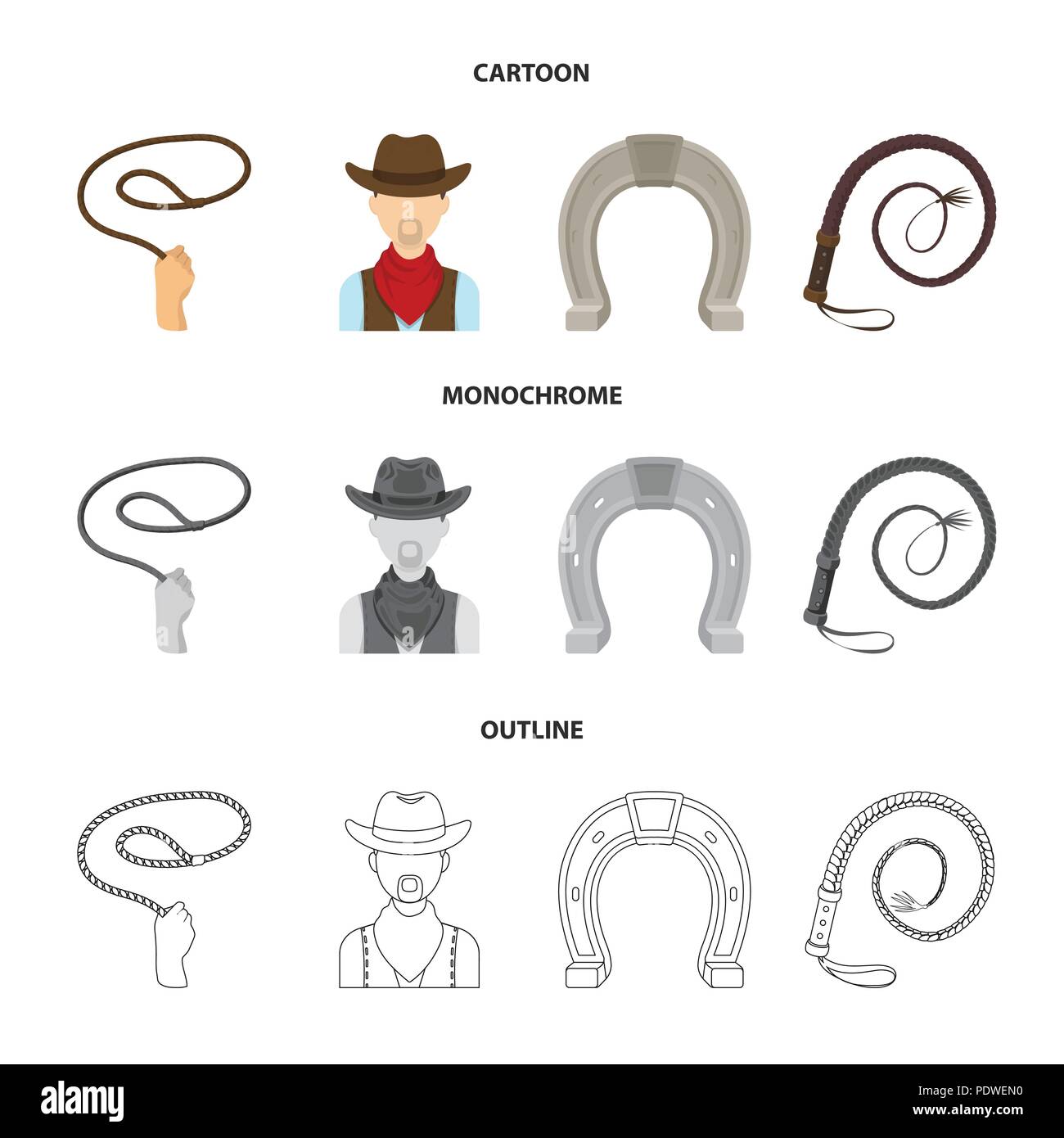 Hand Lasso, Cowboy, Hufeisen, Peitsche. Rodeo Sammlung Icons im Cartoon, Outline, Schwarzweiß-Stil vektor Symbol lieferbar Abbildung. Stock Vektor