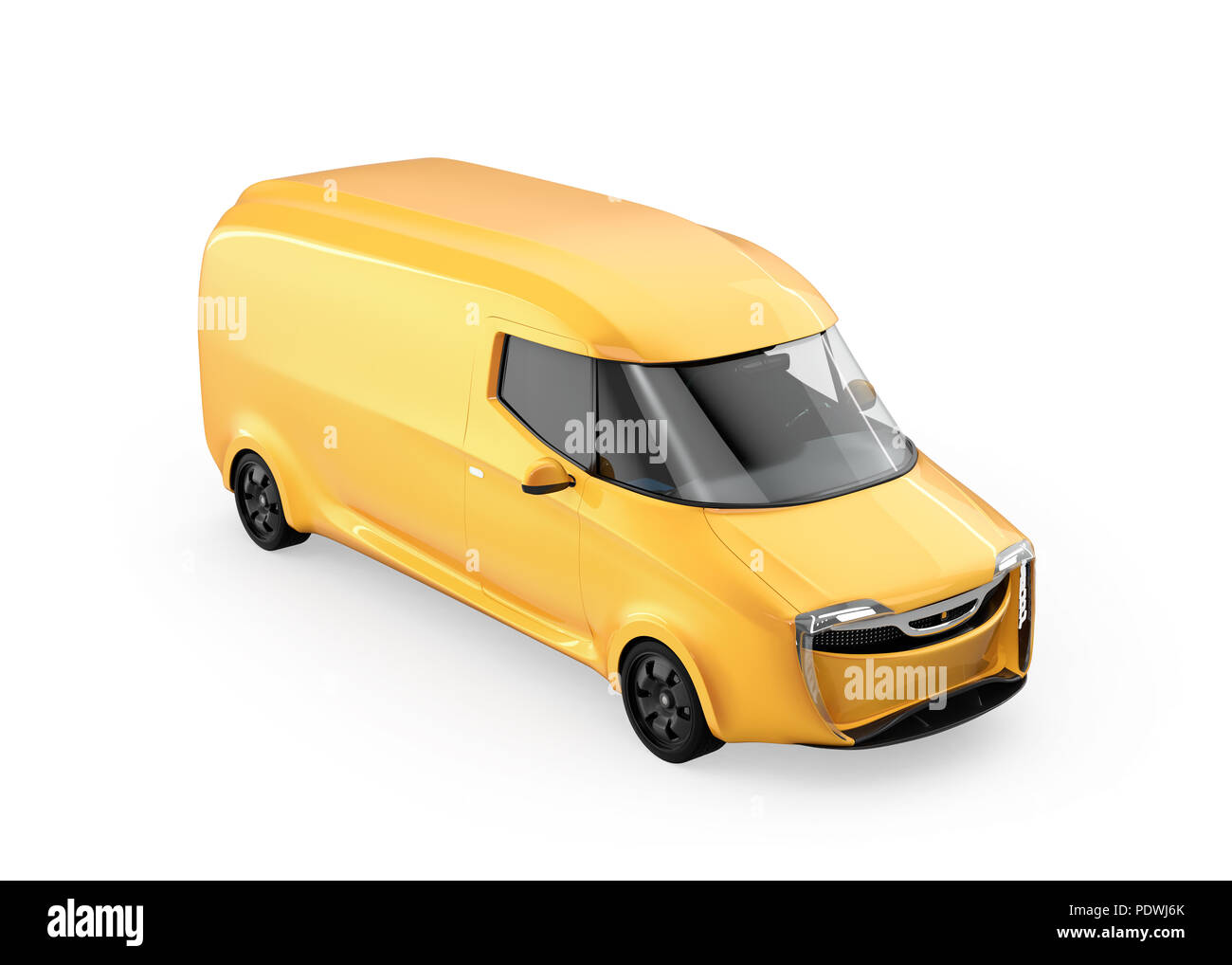 Gelbe elektrisch betriebenen Transporter auf weißem Hintergrund. 3D-Bild. Stockfoto