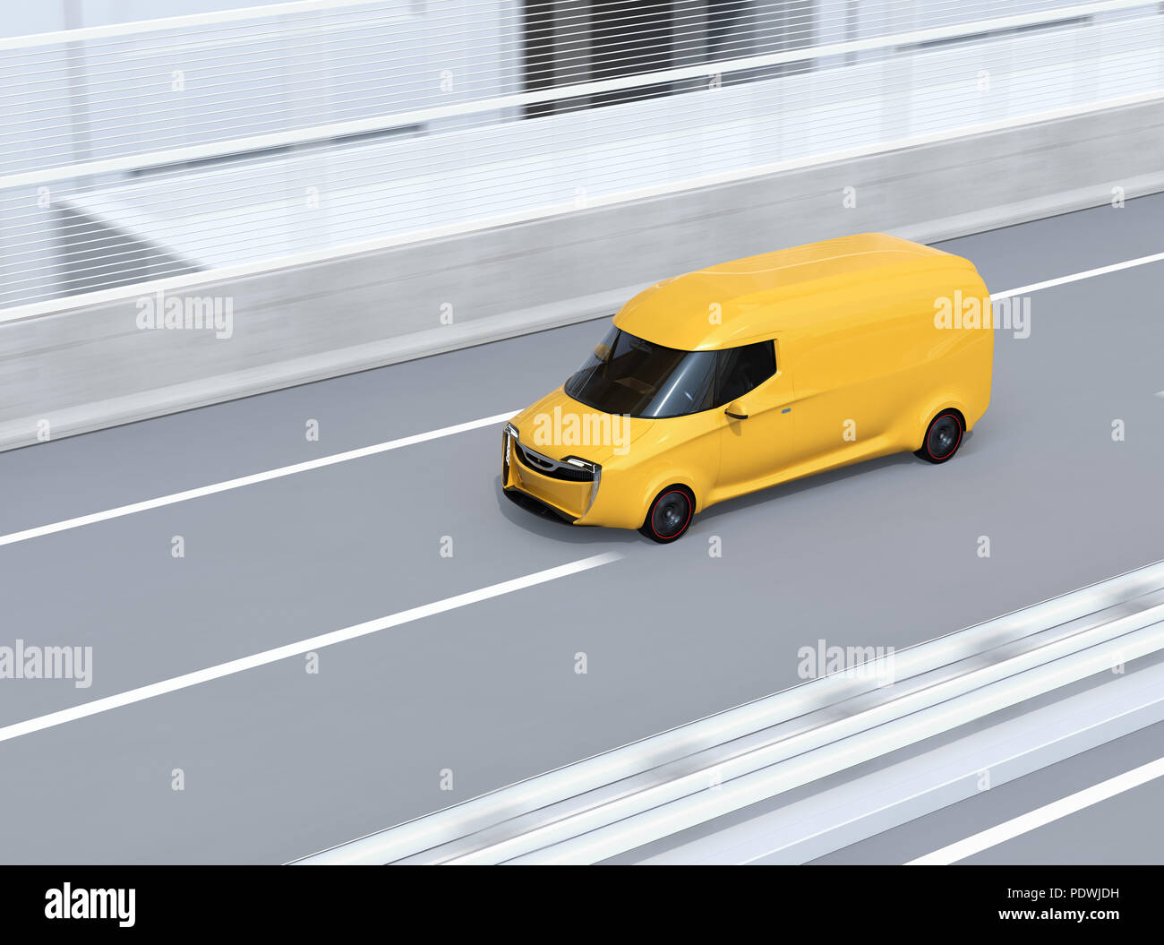 Gelbe Selbstfahrer Lieferwagen fahren auf der Autobahn. Kopieren Sie Platz an der Seite des Körpers. 3D-Bild. Stockfoto