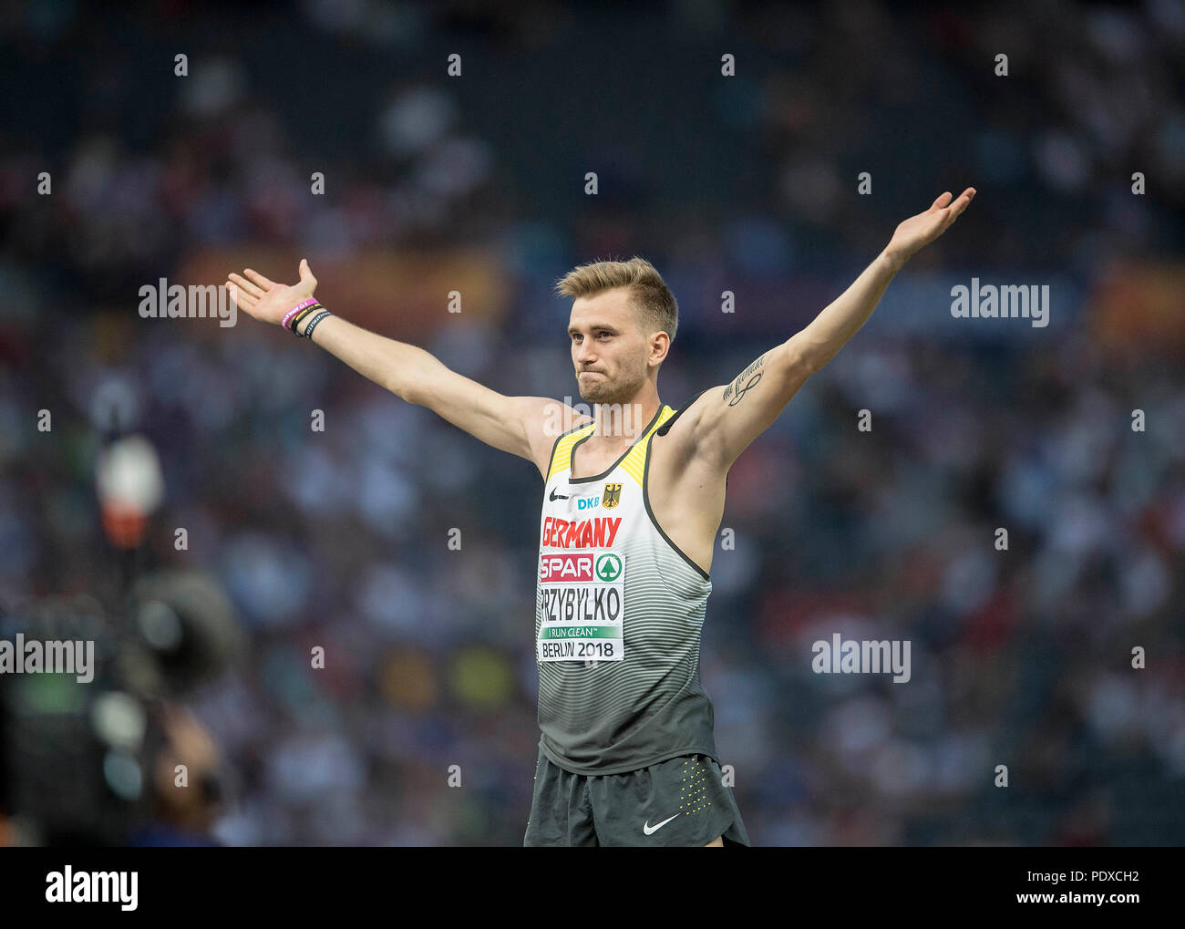 Berlin, Deutschland. 09 Aug, 2018. Jubel Mateusz PRZYBYLKO, Deutschland, Qualifikation Hochsprung der Männer, die am 09.08.2018 der Europäischen Leichtathletik WM 2018 in Berlin/Deutschland vom 06.08. - 12.08.2018. | Verwendung der weltweiten Kredit: dpa/Alamy leben Nachrichten Stockfoto