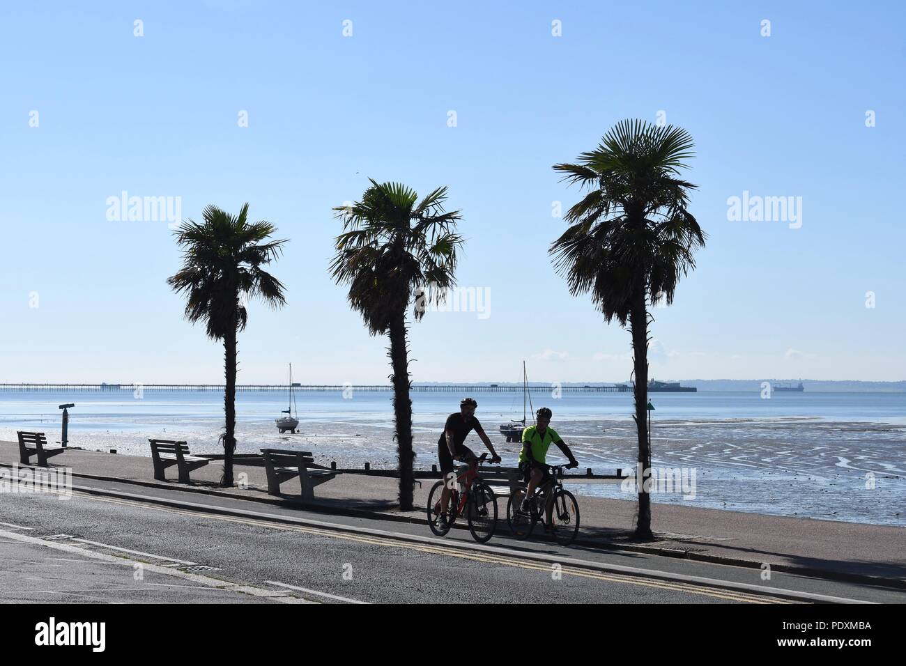 Southend-on-Sea, Essex, Großbritannien. 11 August, 2018. UK Wetter: Warm Start in den Tag in Southend-Blick auf Menschen Radfahren entlang des Meeres Credit: Ben Rektor/Alamy leben Nachrichten Stockfoto