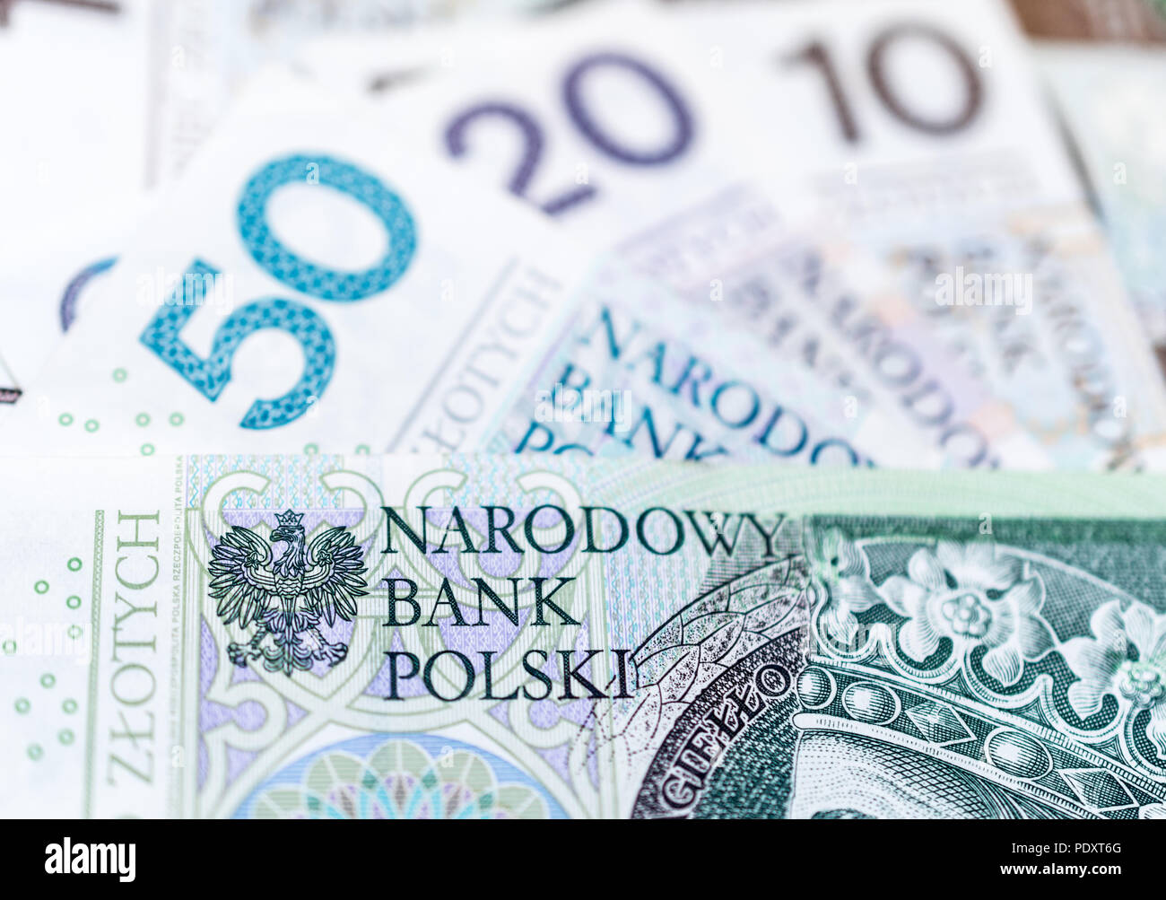 Nahaufnahme auf Polnische Zloty Banknoten mit der Polnischen Nationalbank auf sie geschrieben Stockfoto