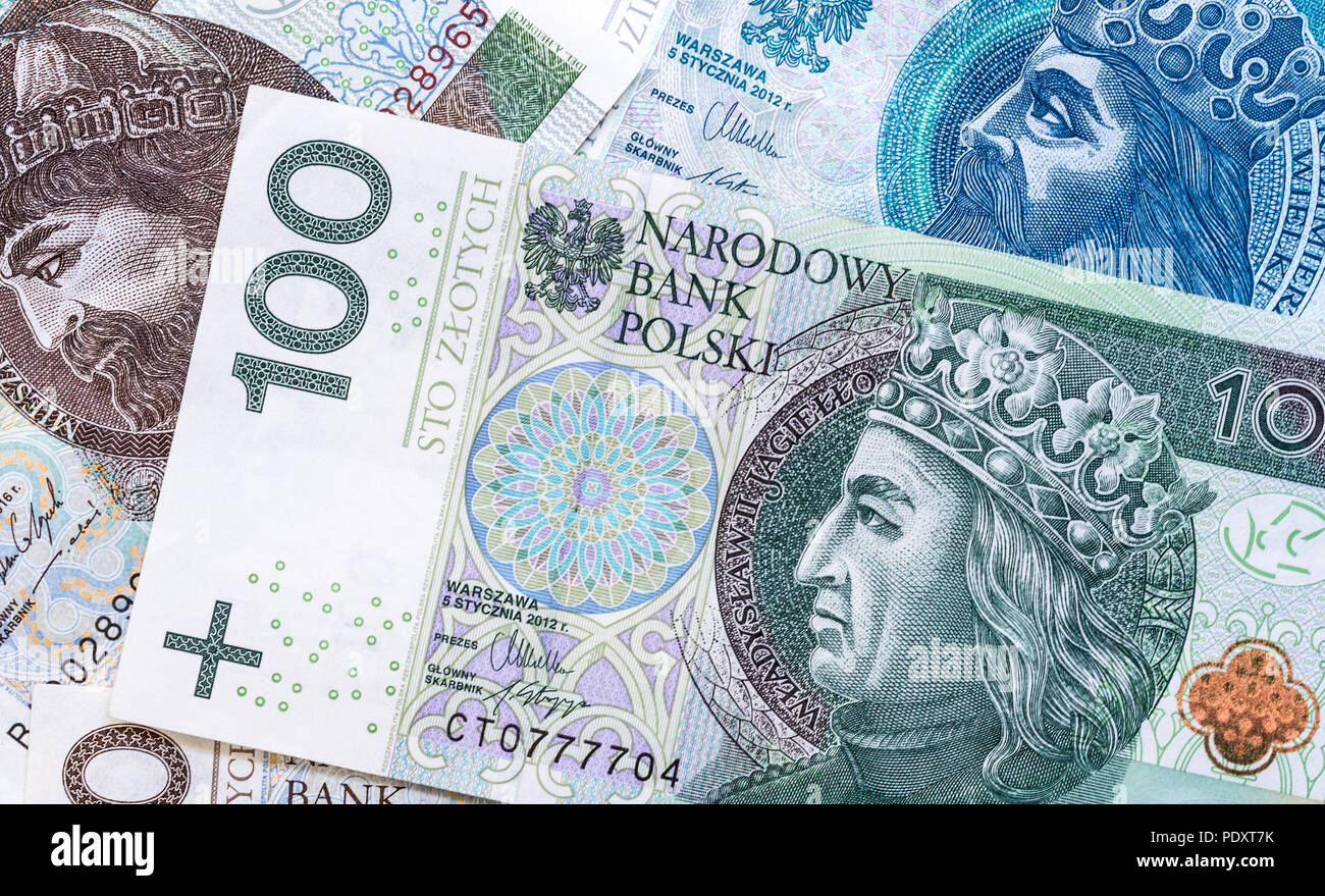 100 zloty Banknote mit anderen polnischen Zloty Rechnungen in der bankground Stockfoto