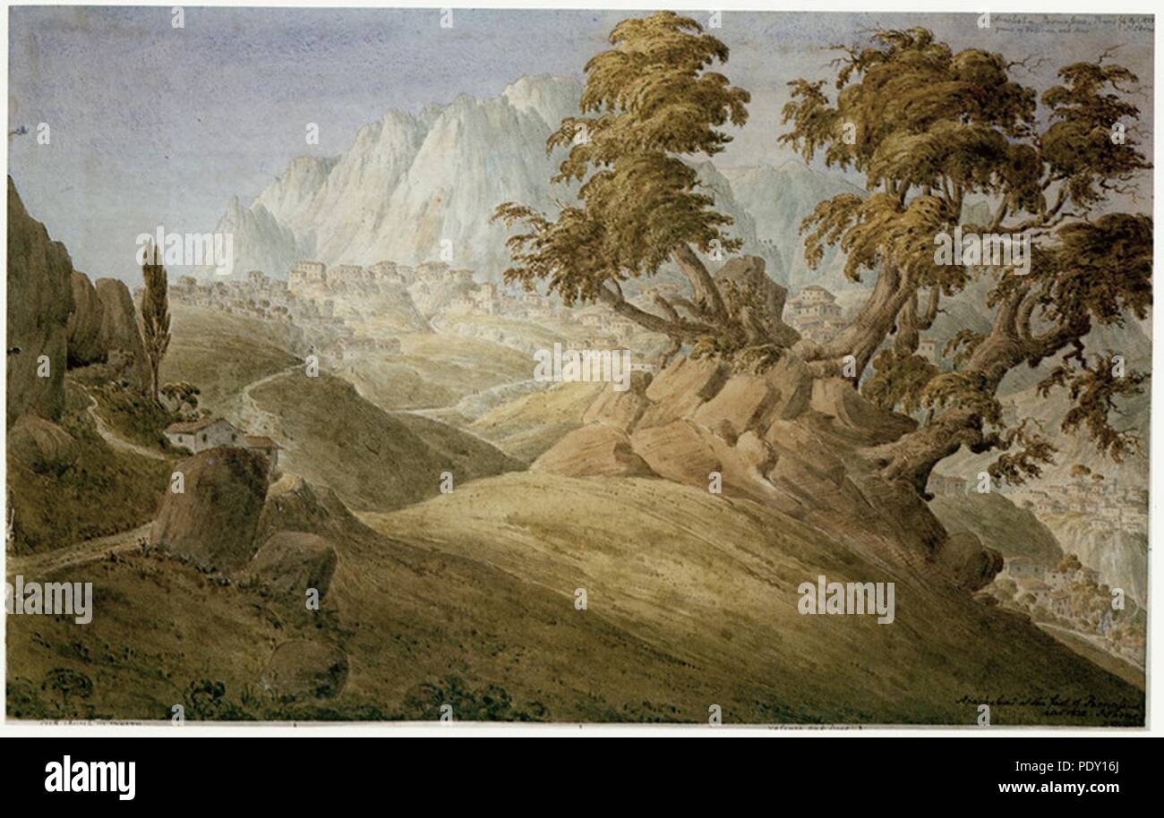 Arachova Parnassus Phocis-J Skene Gruppe von oaktrees - 4 Oct 1838 - Rock Kirche incaverne - Skene James - 1838. Stockfoto