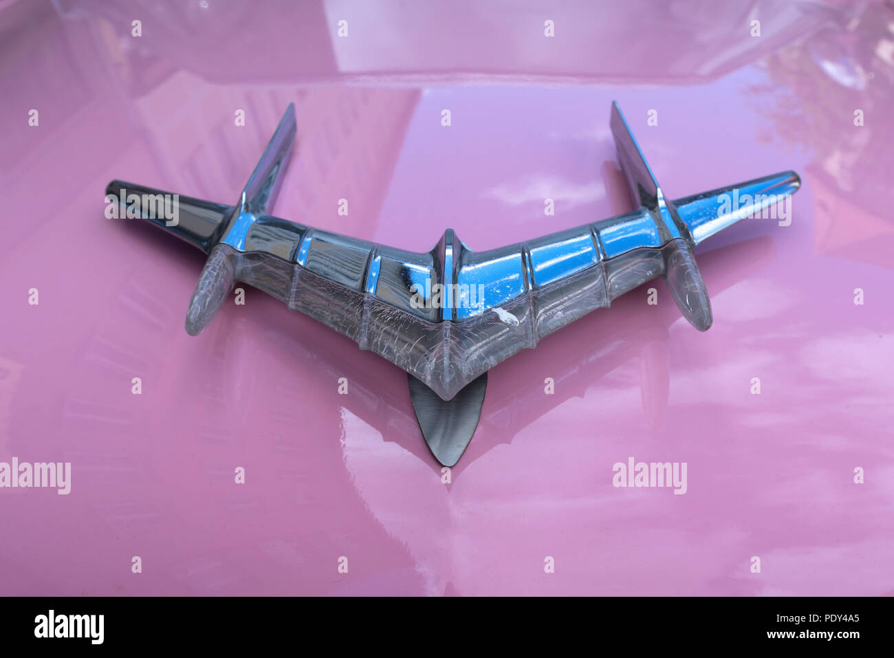 Emblem, Haube Abbildung auf dem rosa Pontiac, Amerikanische Oldtimer aus den 50er Jahren, Deutschland Stockfoto