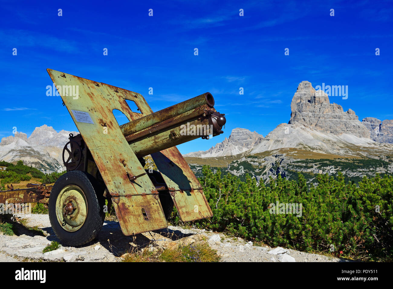 Cannon, der Erste Weltkrieg Open Air Museum, Monte Piana, Tal, Sexten Hochpustertal Dolomiten, Südtirol, Italien Stockfoto