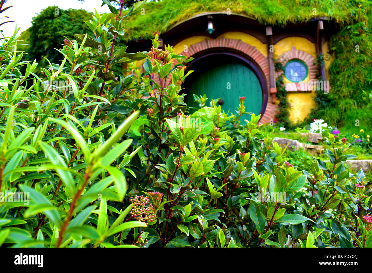 Hobbiton und Bilbo's House (Beutel). Die Tür der Bohrung der Hobbit. Stockfoto