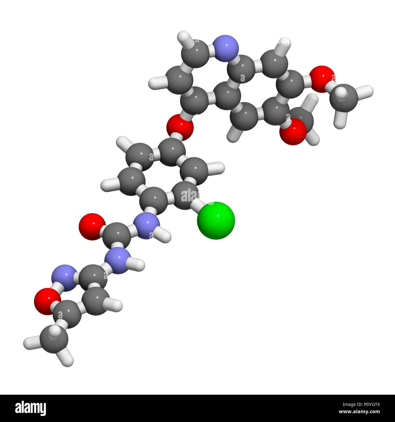 Tivozanib Krebsmedikament Molekül. 3D-Rendering. Atome sind vertreten als Kugeln mit konventionellen Farbcodierung: Wasserstoff (weiß), Kohlenstoff (grau), Stickstoff (blau), Sauerstoff (rot), Chlor (grün). Stockfoto