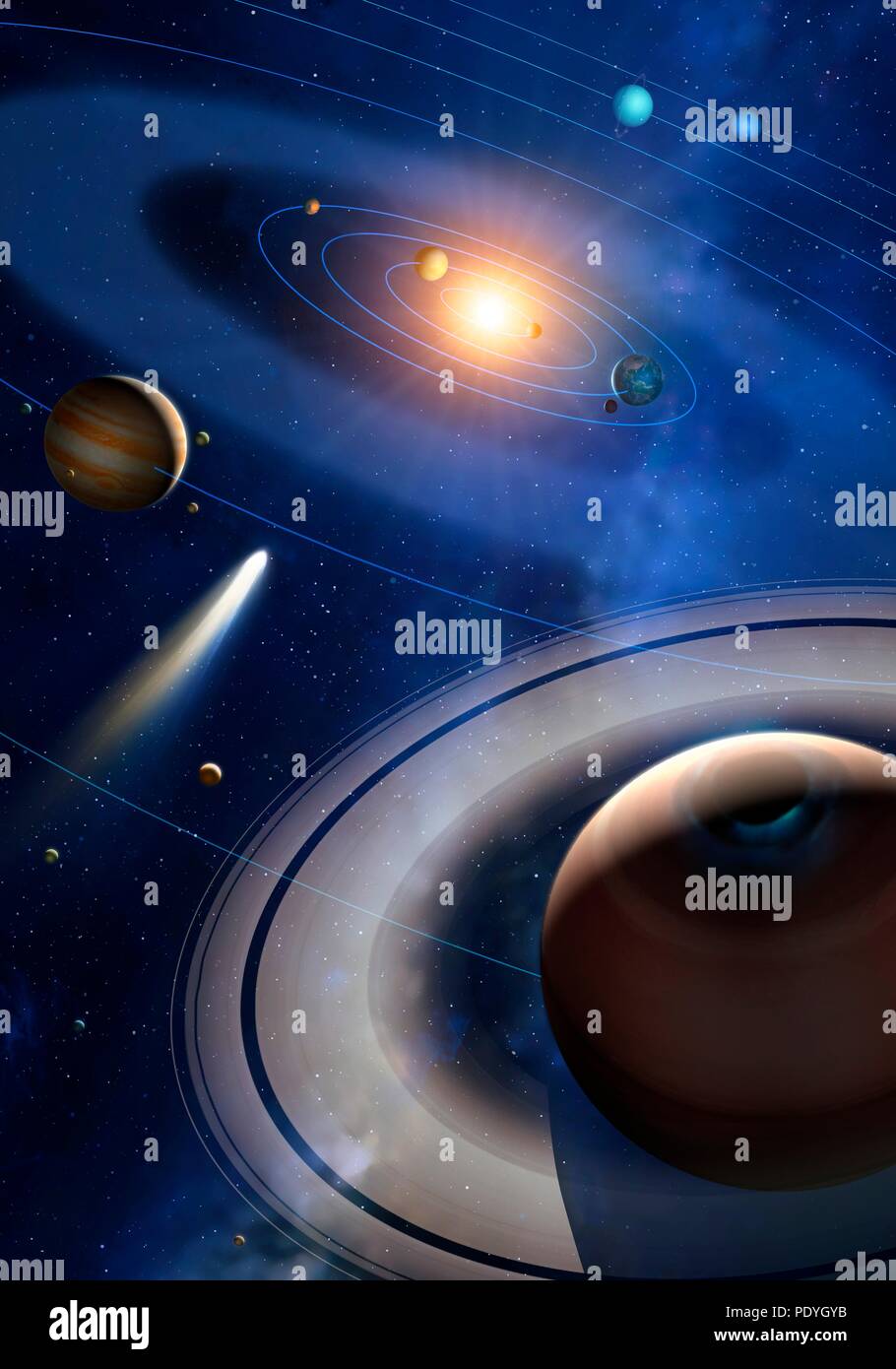 Ein Blick auf das Sonnensystem aus einem schrägen Winkel, auf der Suche nach innen aus dem Orbit des sechsten Planeten Saturn. Der Asteroidengürtel zwischen den Bahnen von Mars und Jupiter wird auch gezeigt, wie eine große durchsichtige Band. Stockfoto