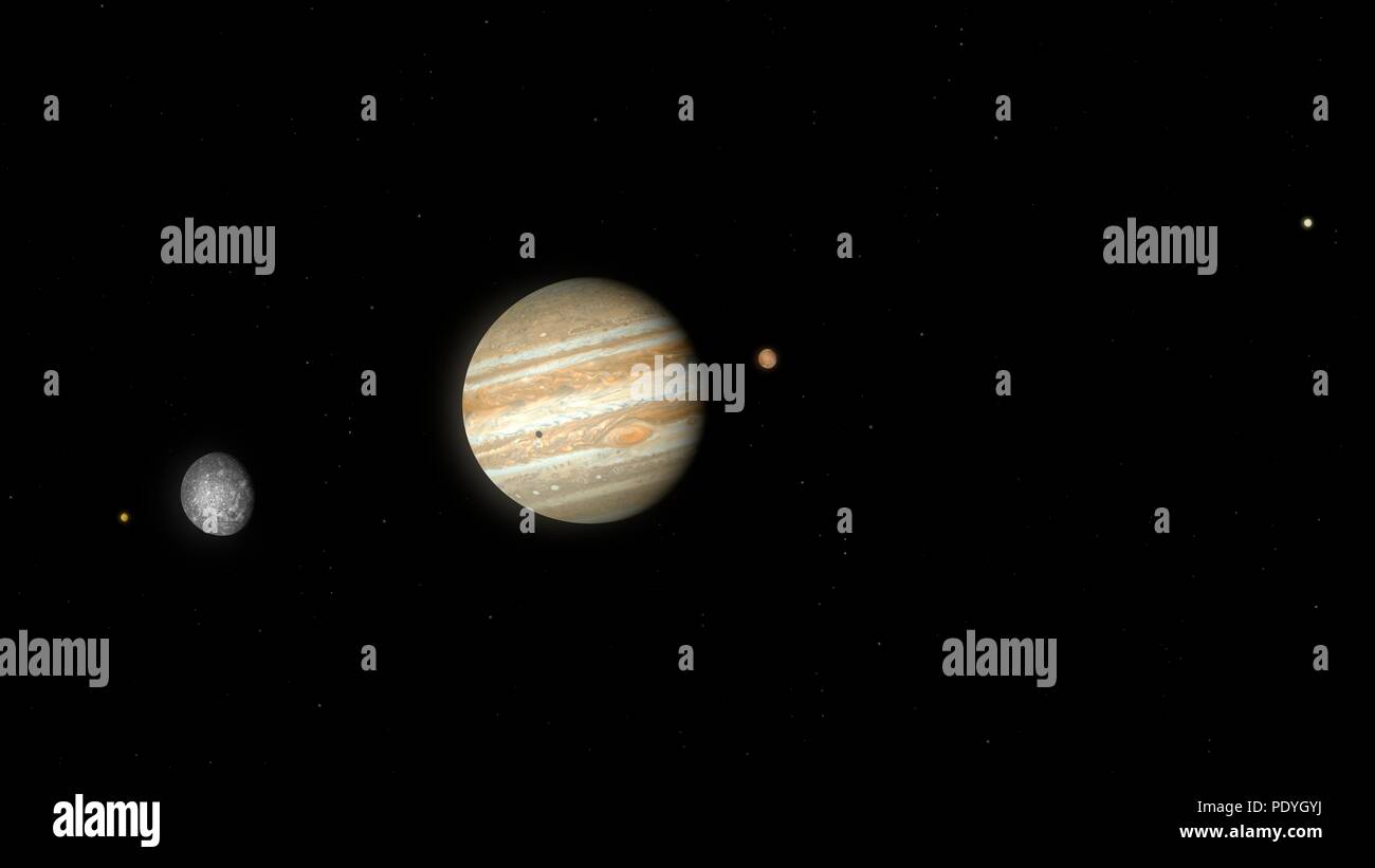 Artwork von Jupiter und seinen größten Vier (Galileischen Monde). Von links nach rechts die Körper sind Io, Callisto, Jupiter (mit dem Schatten von Io-cast auf Sie), Ganymed und Europa. Die Einrichtungen sind alle mit dem richtigen Maßstab dargestellt, wie aus der Ferne, irgendwo jenseits der Umlaufbahn des Callisto gesehen Stockfoto