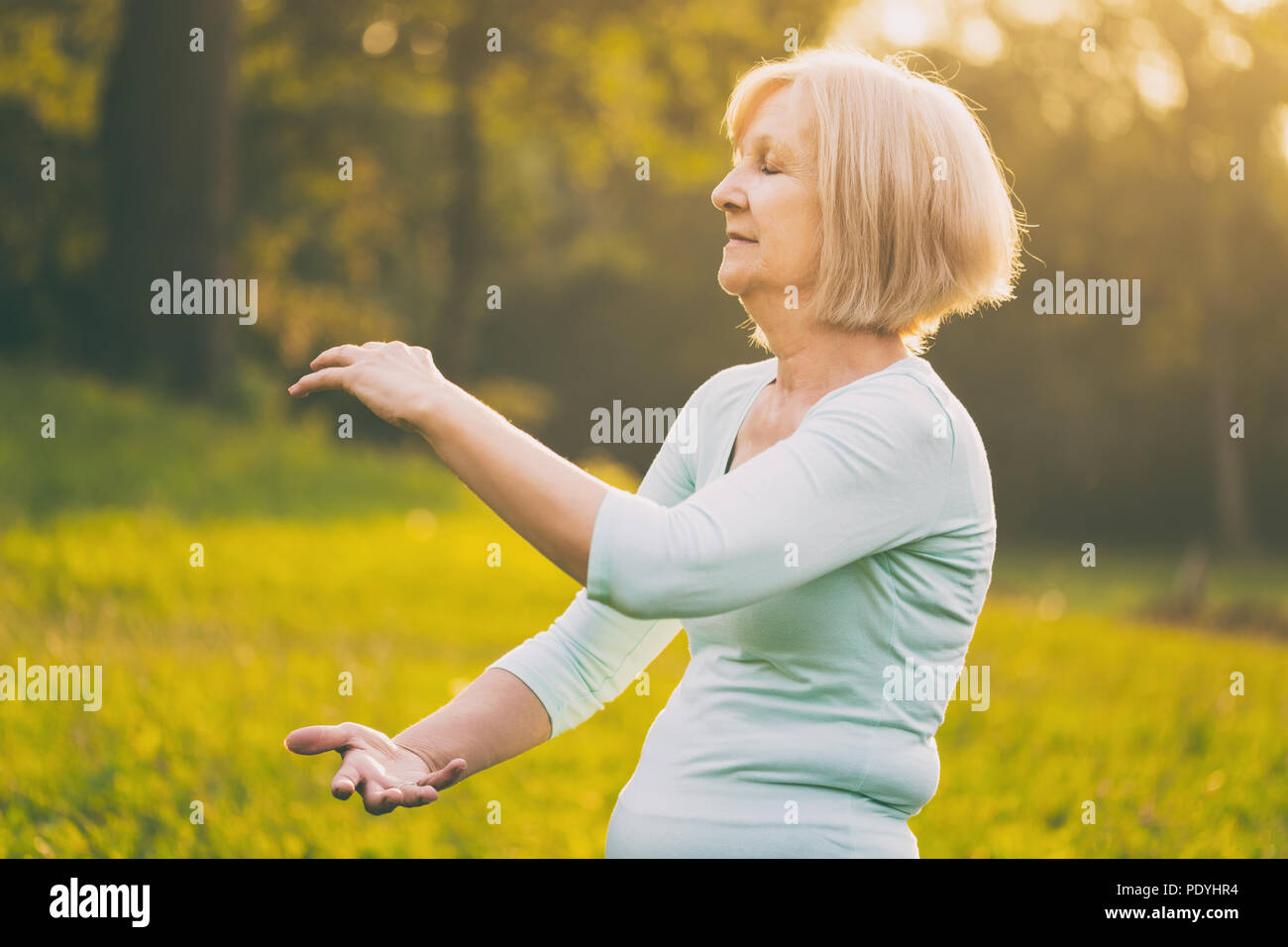 Ältere Frau genießt Übung Tai Chi in der Natur. Bild ist absichtlich abgeschwächt. Stockfoto